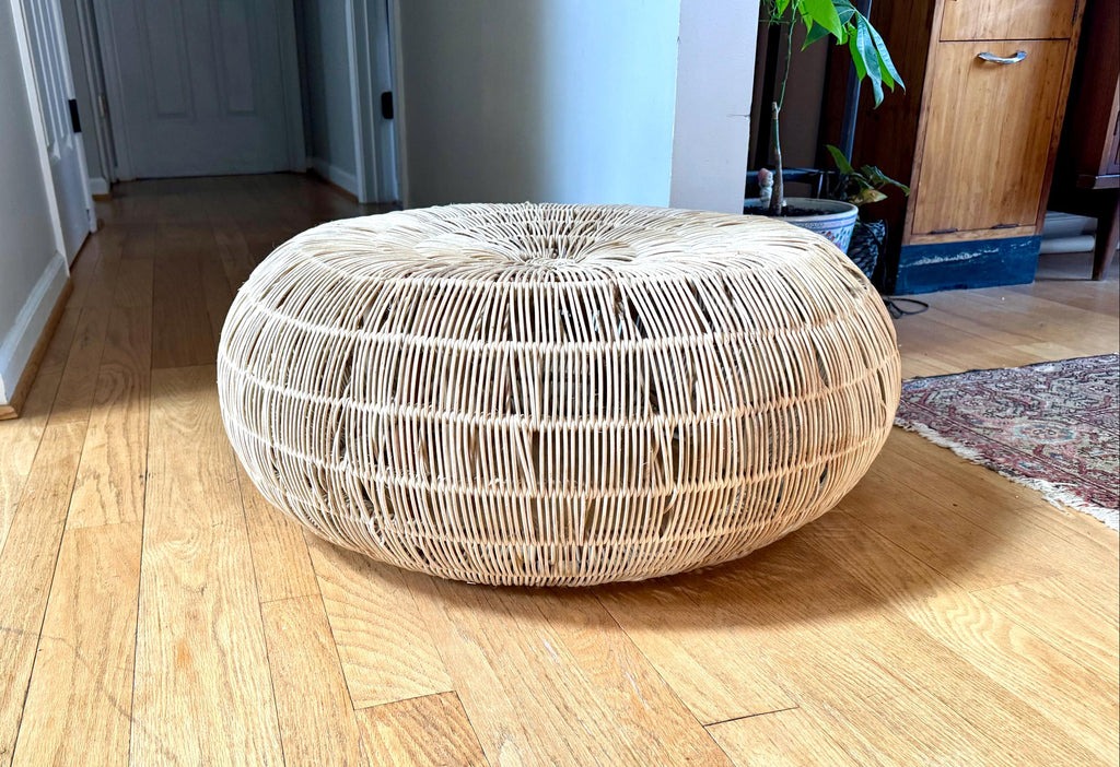Vintage Woven Rattan Round Ottoman | Woven Wicker Round Coffee Table | Round Boho Style Table | Woven Wicker Ottoman