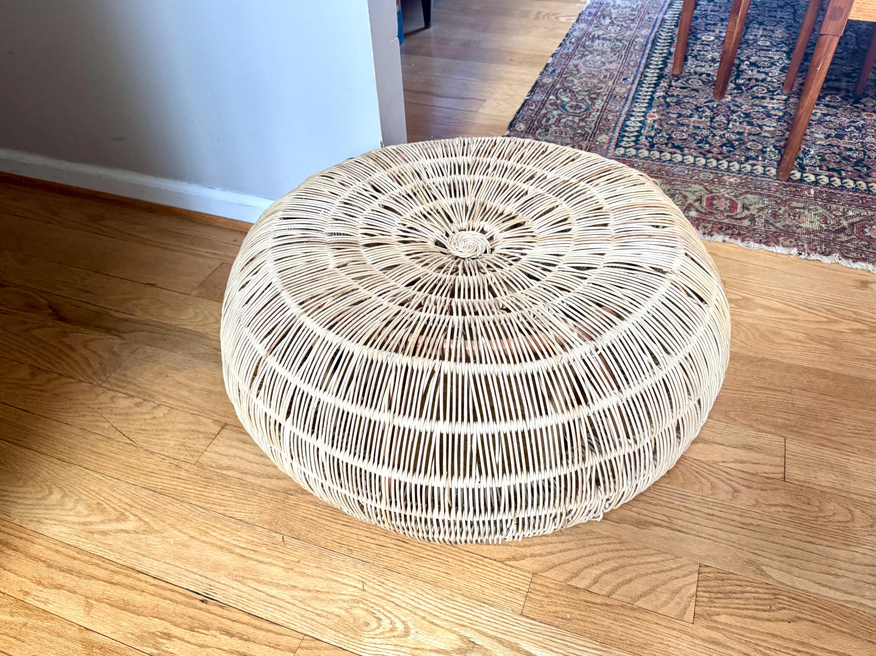 Vintage Woven Rattan Round Ottoman | Woven Wicker Round Coffee Table | Round Boho Style Table | Woven Wicker Ottoman
