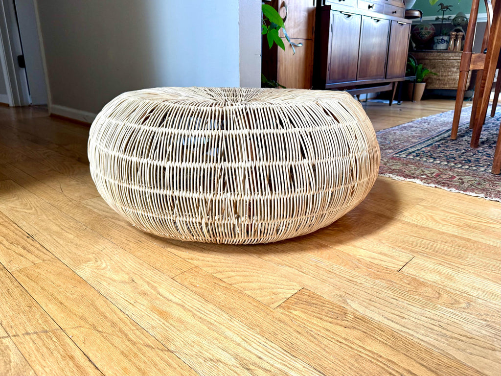 Vintage Woven Rattan Round Ottoman | Woven Wicker Round Coffee Table | Round Boho Style Table | Woven Wicker Ottoman