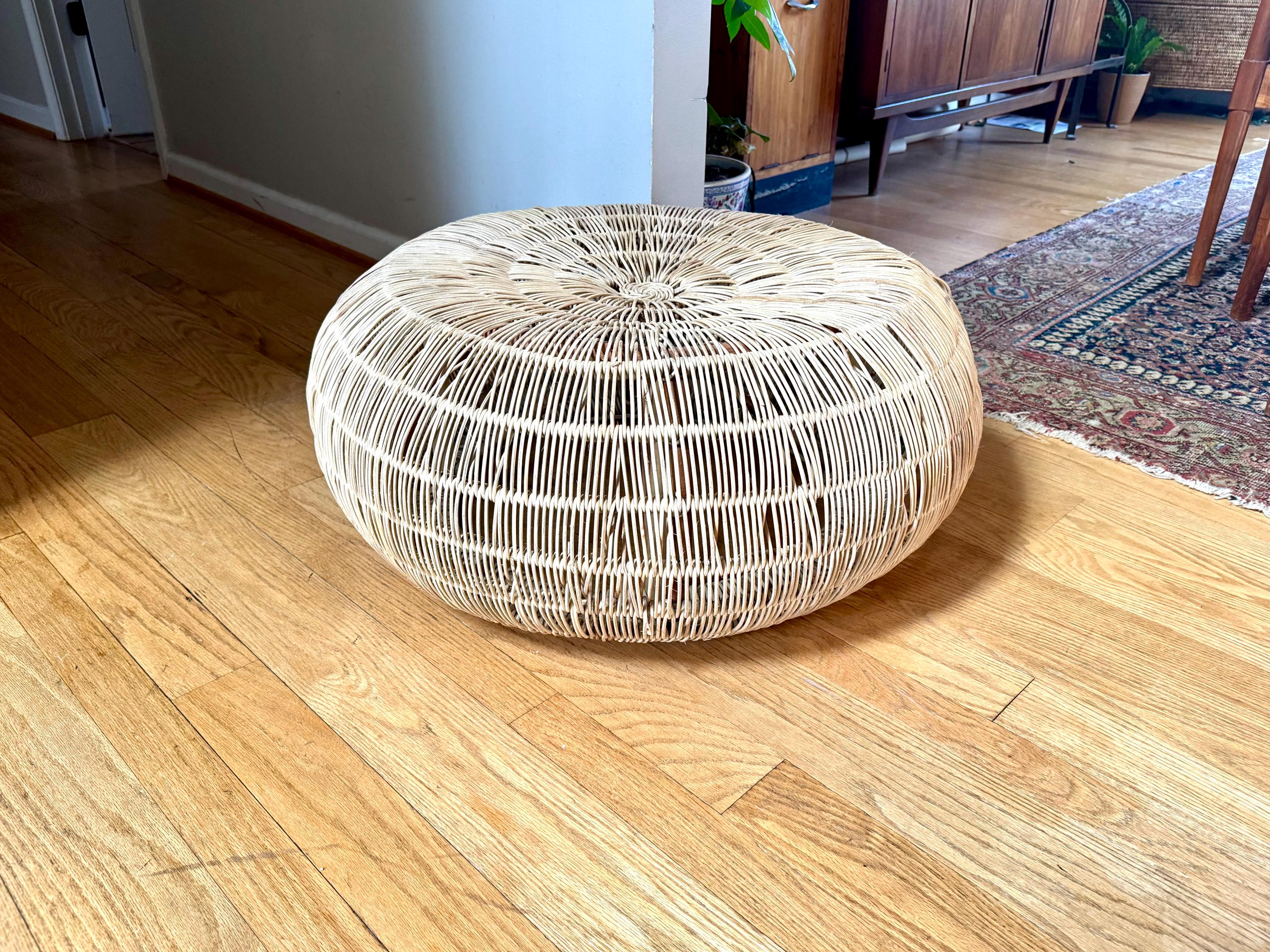 Vintage Woven Rattan Round Ottoman | Woven Wicker Round Coffee Table | Round Boho Style Table | Woven Wicker Ottoman