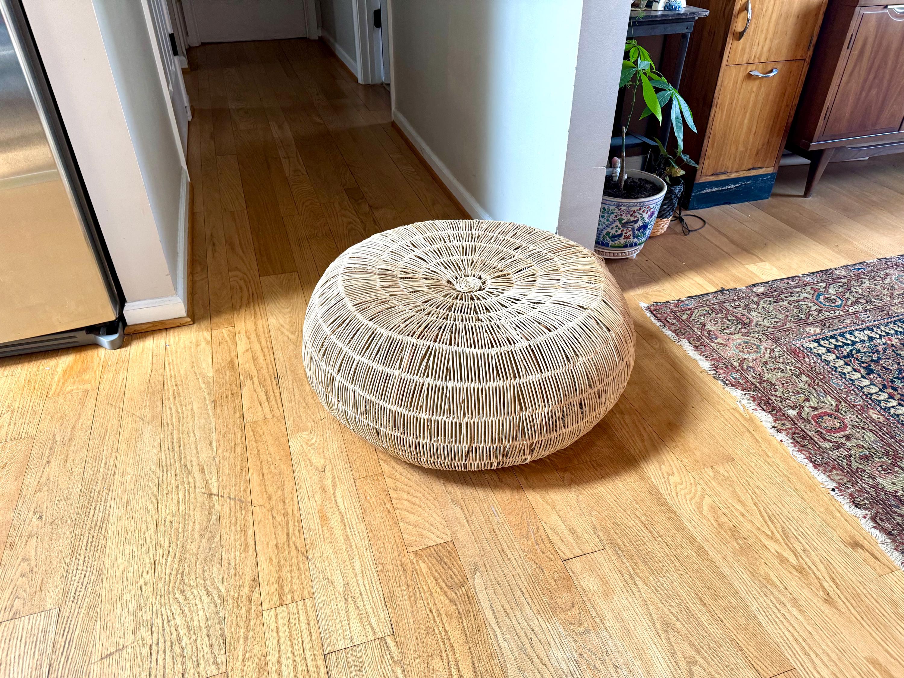 Vintage Woven Rattan Round Ottoman | Woven Wicker Round Coffee Table | Round Boho Style Table | Woven Wicker Ottoman