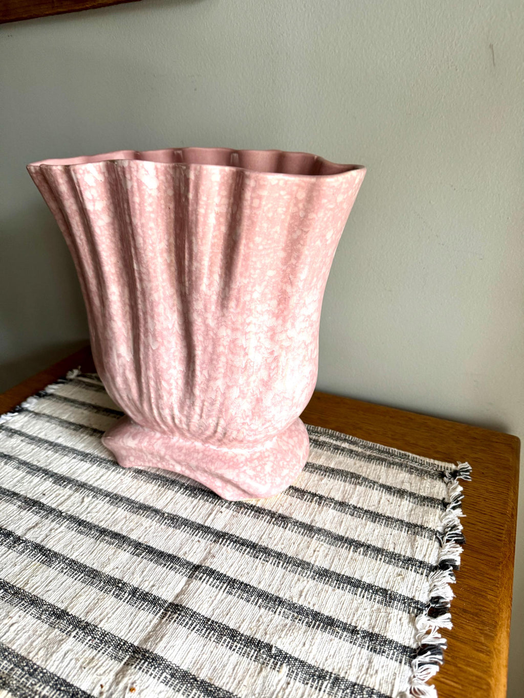 Large Pink Art Deco Ceramic Vase | White and Pink Speckled Vase | Large Wide Opening Ceramic Vessel