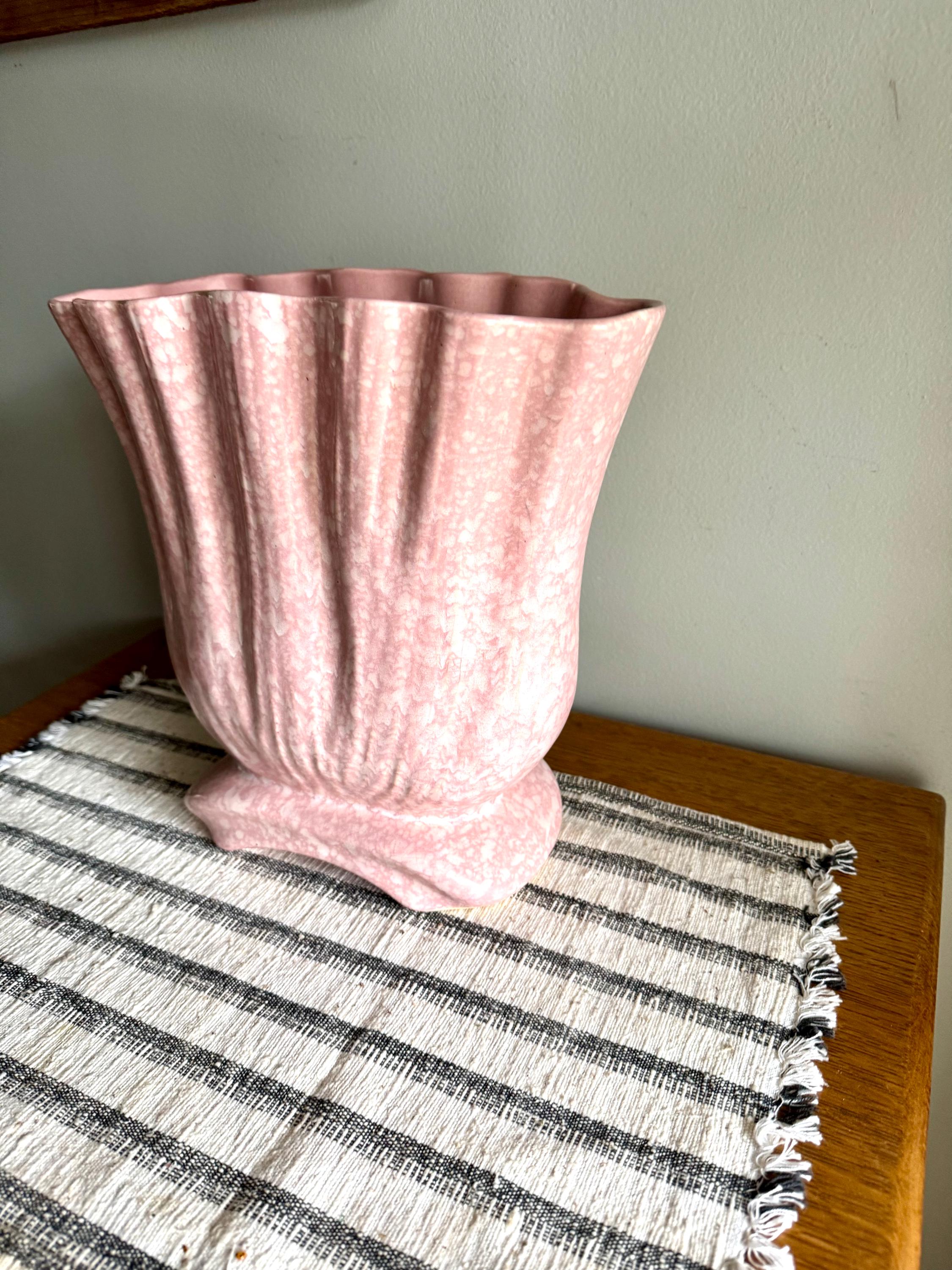 Large Pink Art Deco Ceramic Vase | White and Pink Speckled Vase | Large Wide Opening Ceramic Vessel