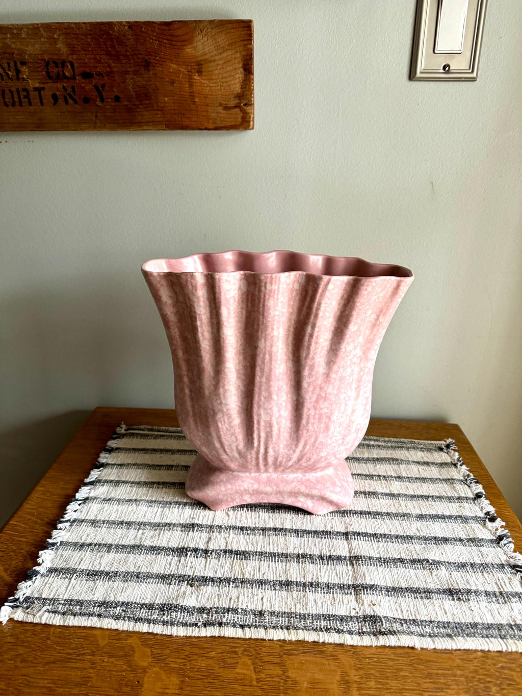 Large Pink Art Deco Ceramic Vase | White and Pink Speckled Vase | Large Wide Opening Ceramic Vessel