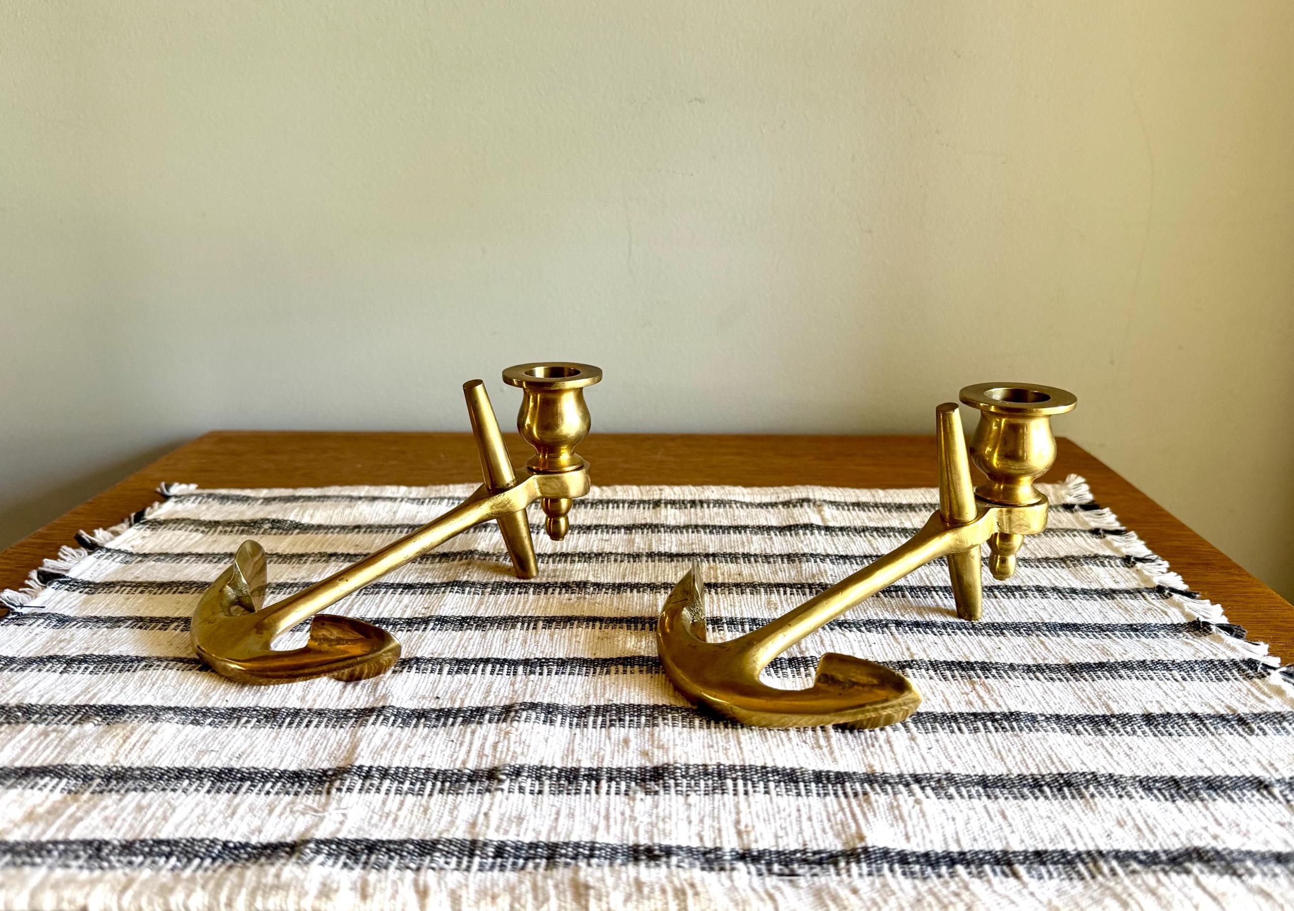 A Pair of Solid Brass Yachtsman Anchor Candle Holders | Solid Brass Boat Anchor Candlestick Holders | Brass Nautical Decor | Beach House Decor