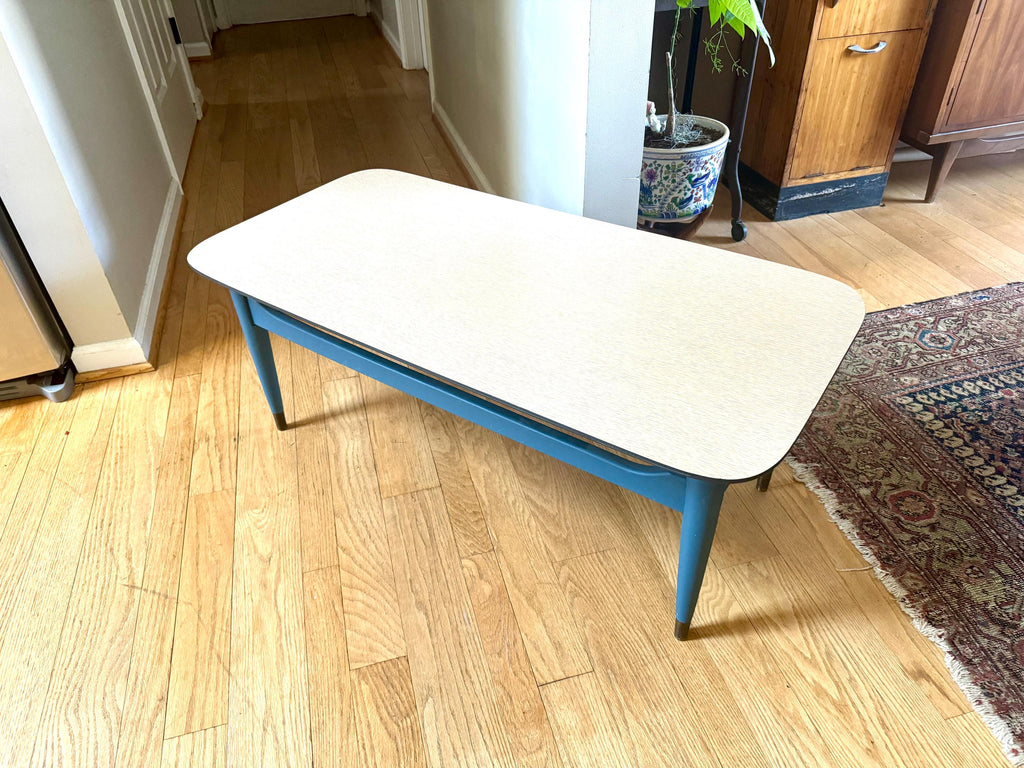 Blue MCM Formica Top Coffee Table | MCM Wood Coffee Table | Wood MCM Coffee Table | Wood Legged McM Table | McM Furniture