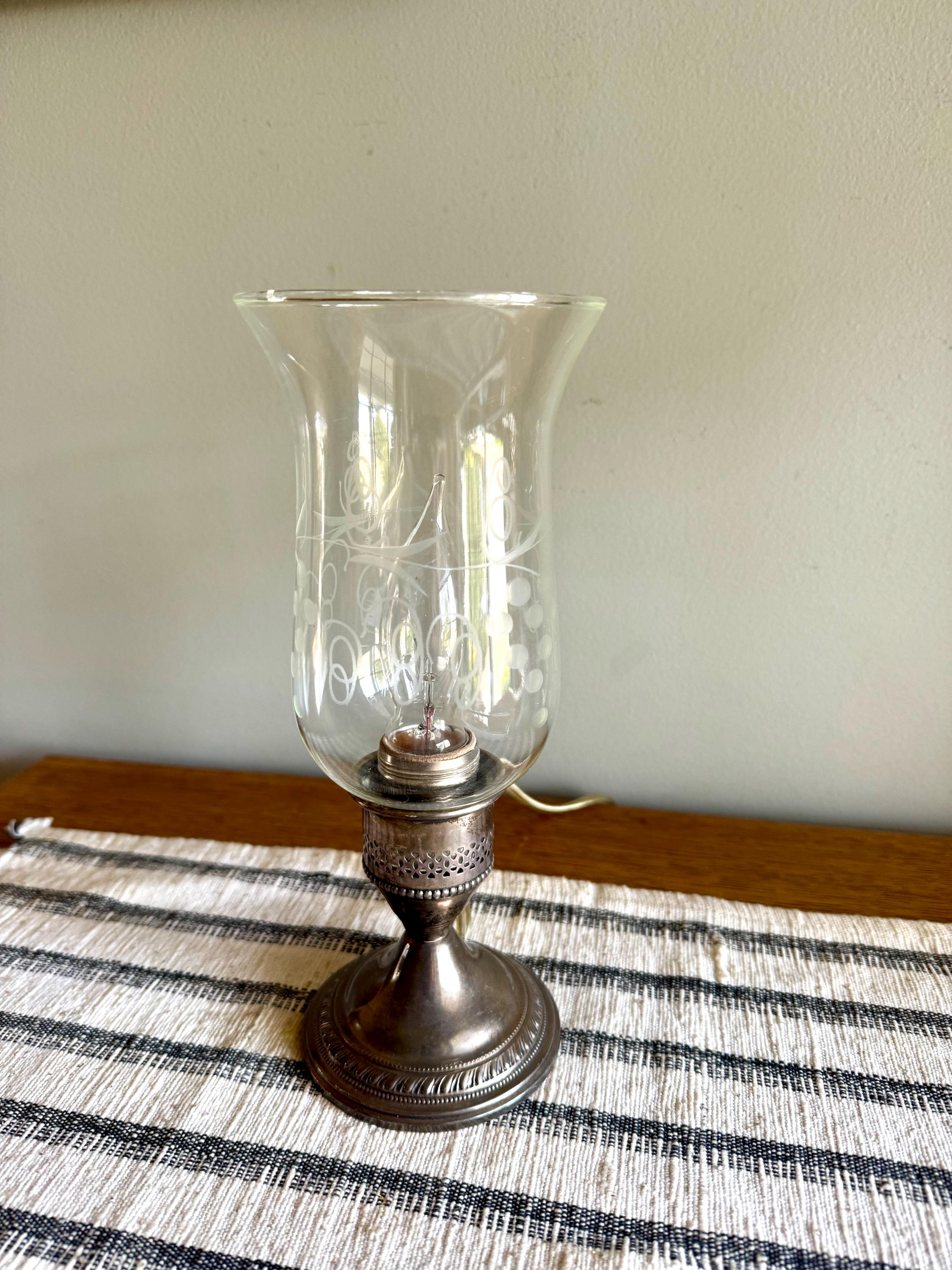 Crest Silver Co. Sterling Hurricane Glass Lamp | Vintage Electric Candlestick Boudoir Lamp | Etched Hurricane Glass Sterling Boudoir Lamp