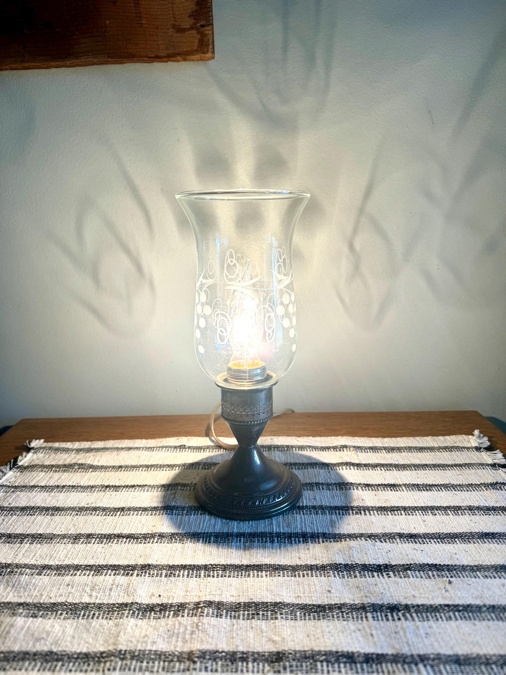 Crest Silver Co. Sterling Hurricane Glass Lamp | Vintage Electric Candlestick Boudoir Lamp | Etched Hurricane Glass Sterling Boudoir Lamp