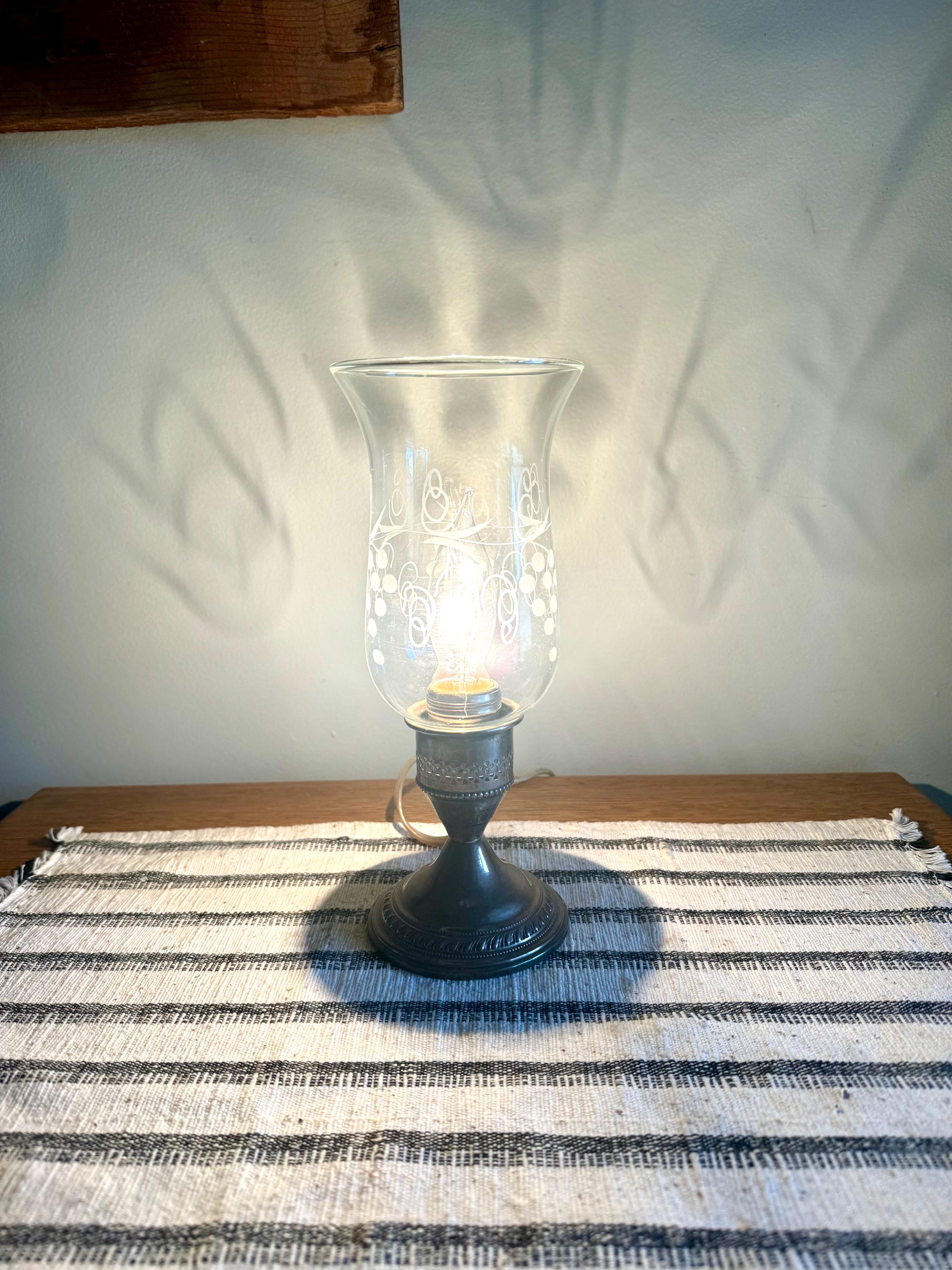 Crest Silver Co. Sterling Hurricane Glass Lamp | Vintage Electric Candlestick Boudoir Lamp | Etched Hurricane Glass Sterling Boudoir Lamp