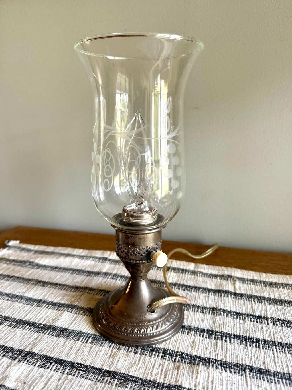 Crest Silver Co. Sterling Hurricane Glass Lamp | Vintage Electric Candlestick Boudoir Lamp | Etched Hurricane Glass Sterling Boudoir Lamp
