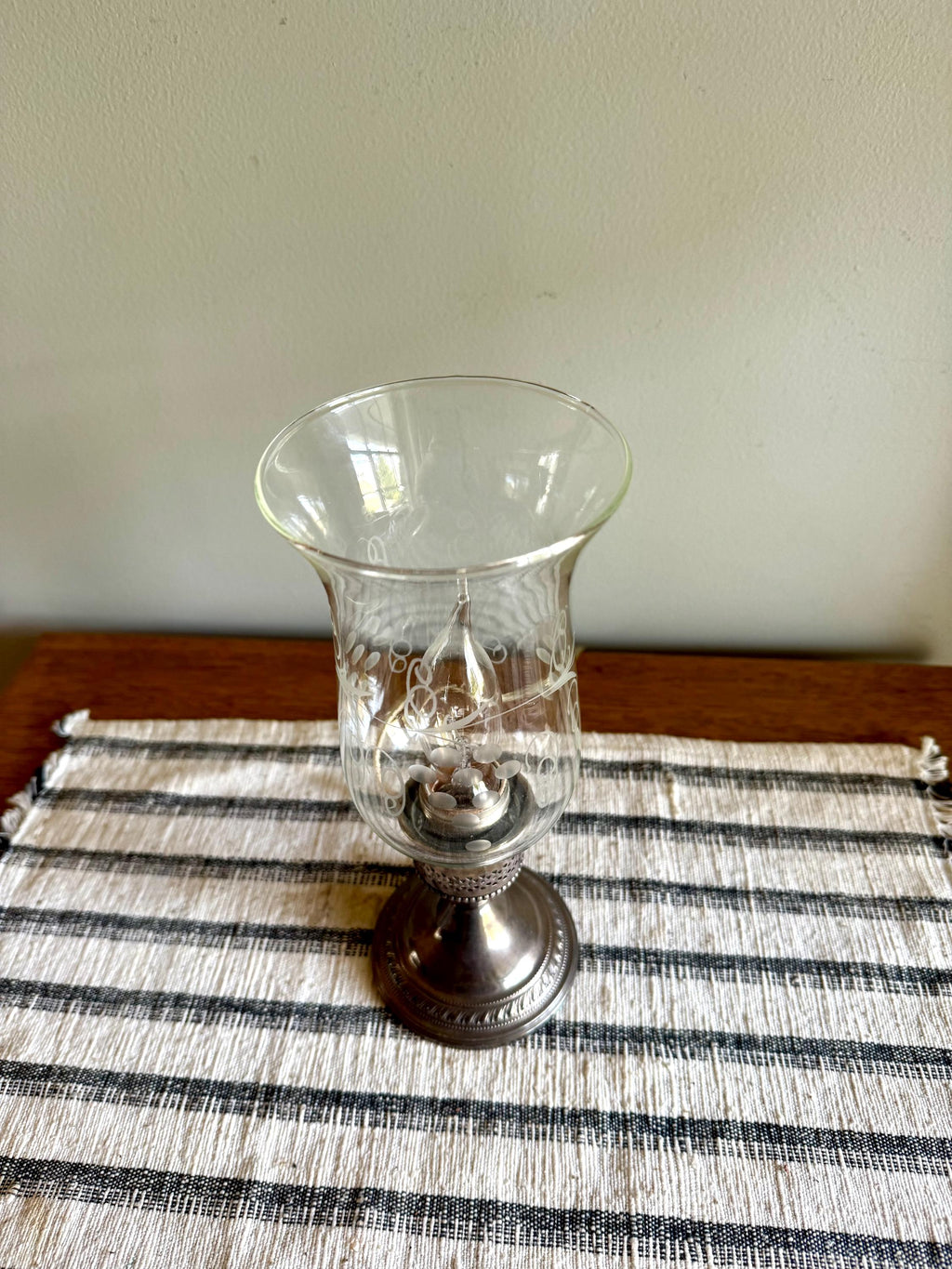 Crest Silver Co. Sterling Hurricane Glass Lamp | Vintage Electric Candlestick Boudoir Lamp | Etched Hurricane Glass Sterling Boudoir Lamp