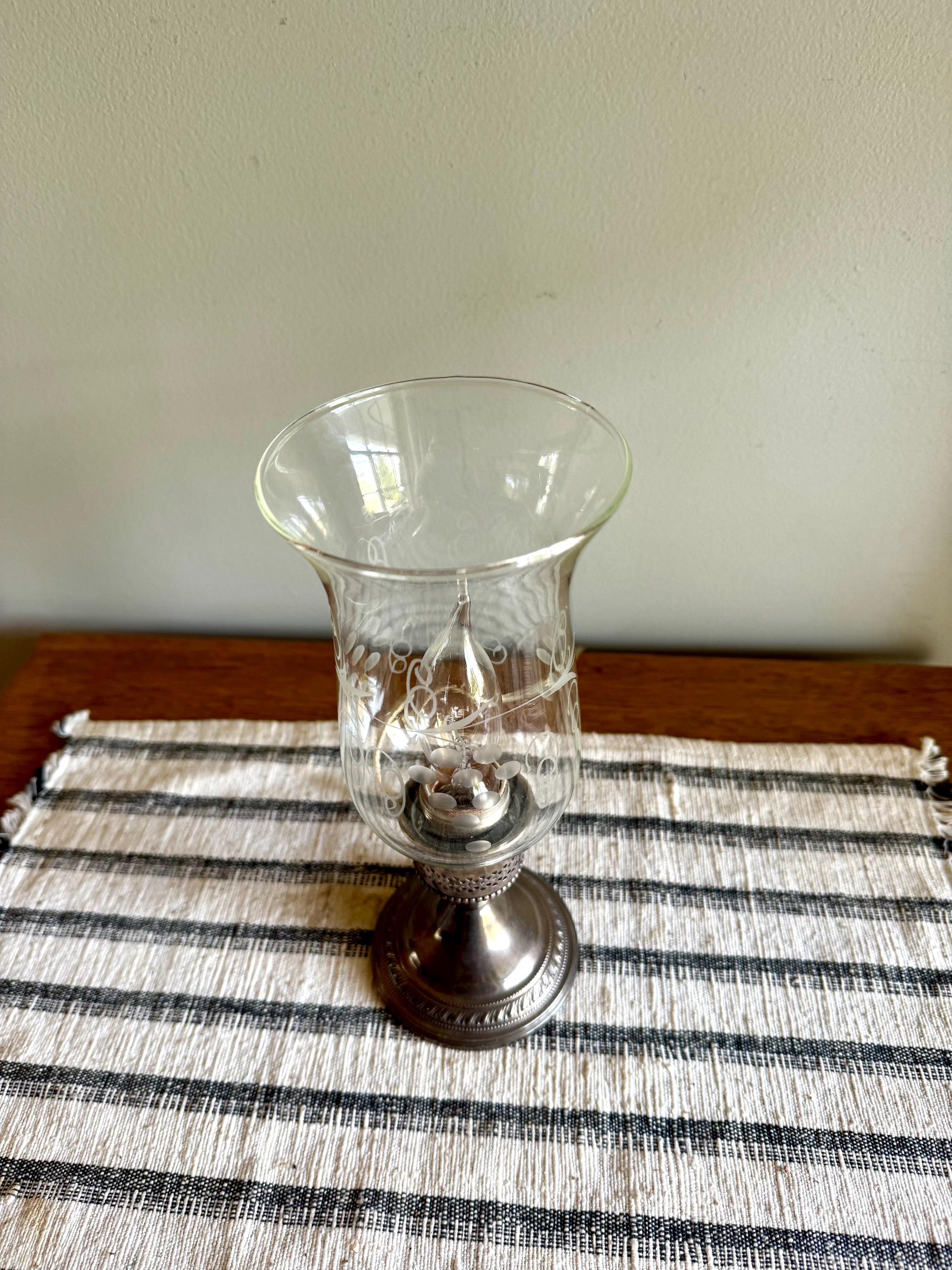 Crest Silver Co. Sterling Hurricane Glass Lamp | Vintage Electric Candlestick Boudoir Lamp | Etched Hurricane Glass Sterling Boudoir Lamp