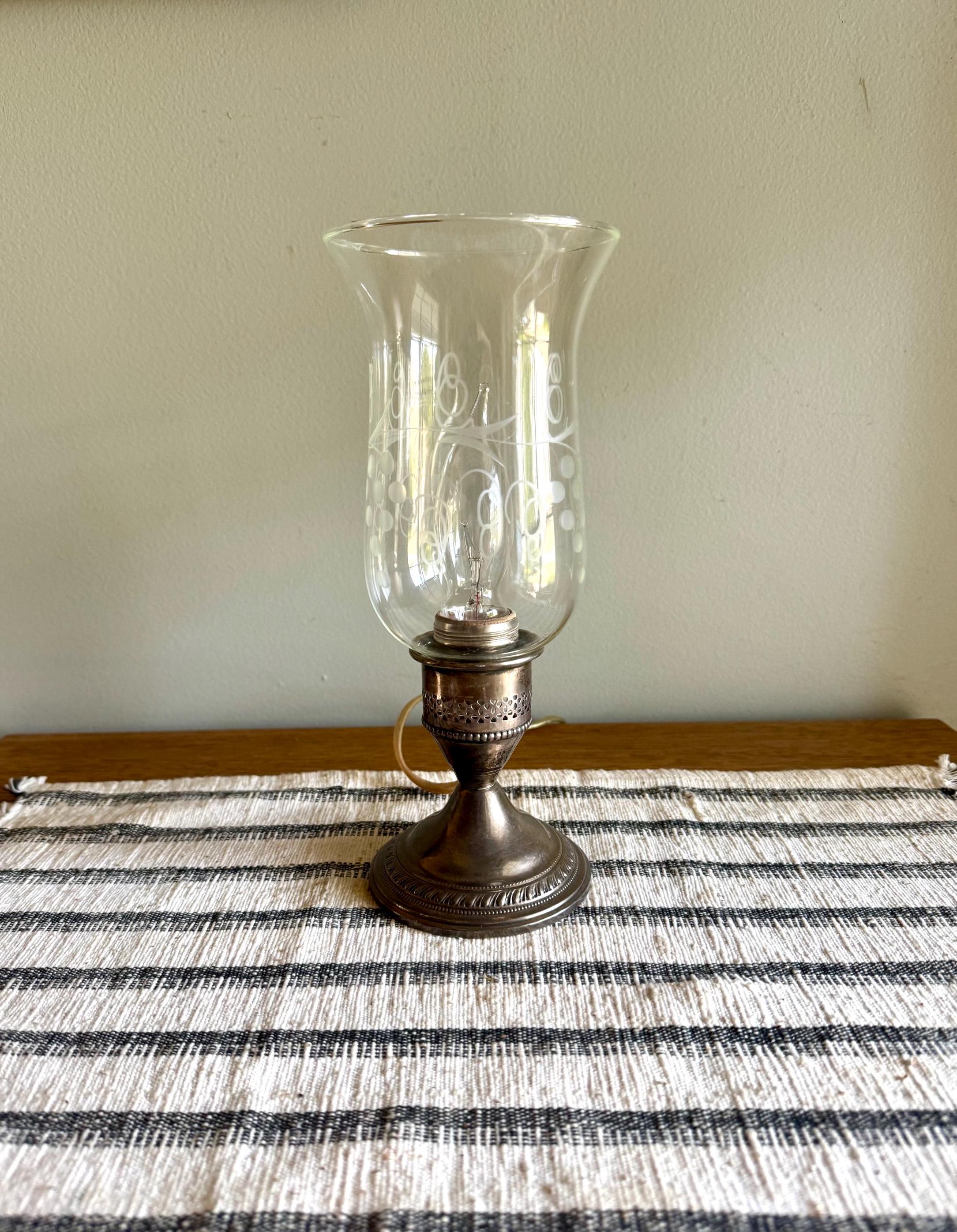 Crest Silver Co. Sterling Hurricane Glass Lamp | Vintage Electric Candlestick Boudoir Lamp | Etched Hurricane Glass Sterling Boudoir Lamp