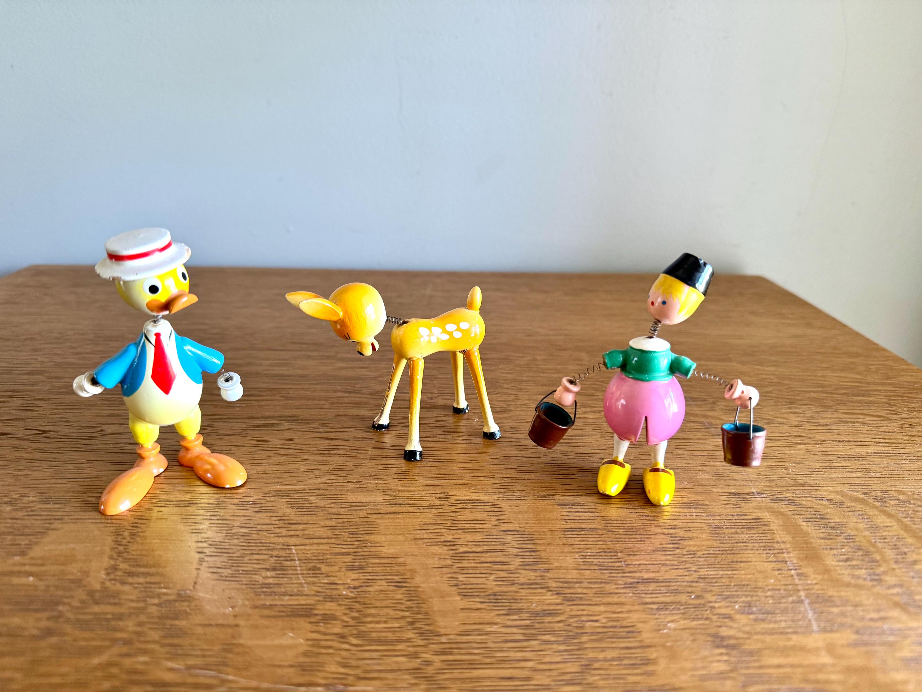 A Vintage Set of 3 Goula Spain Wood Whimsical Figurines | Spanish Wood Bobblehead Figurines | Hand Painted Wooden Figurines