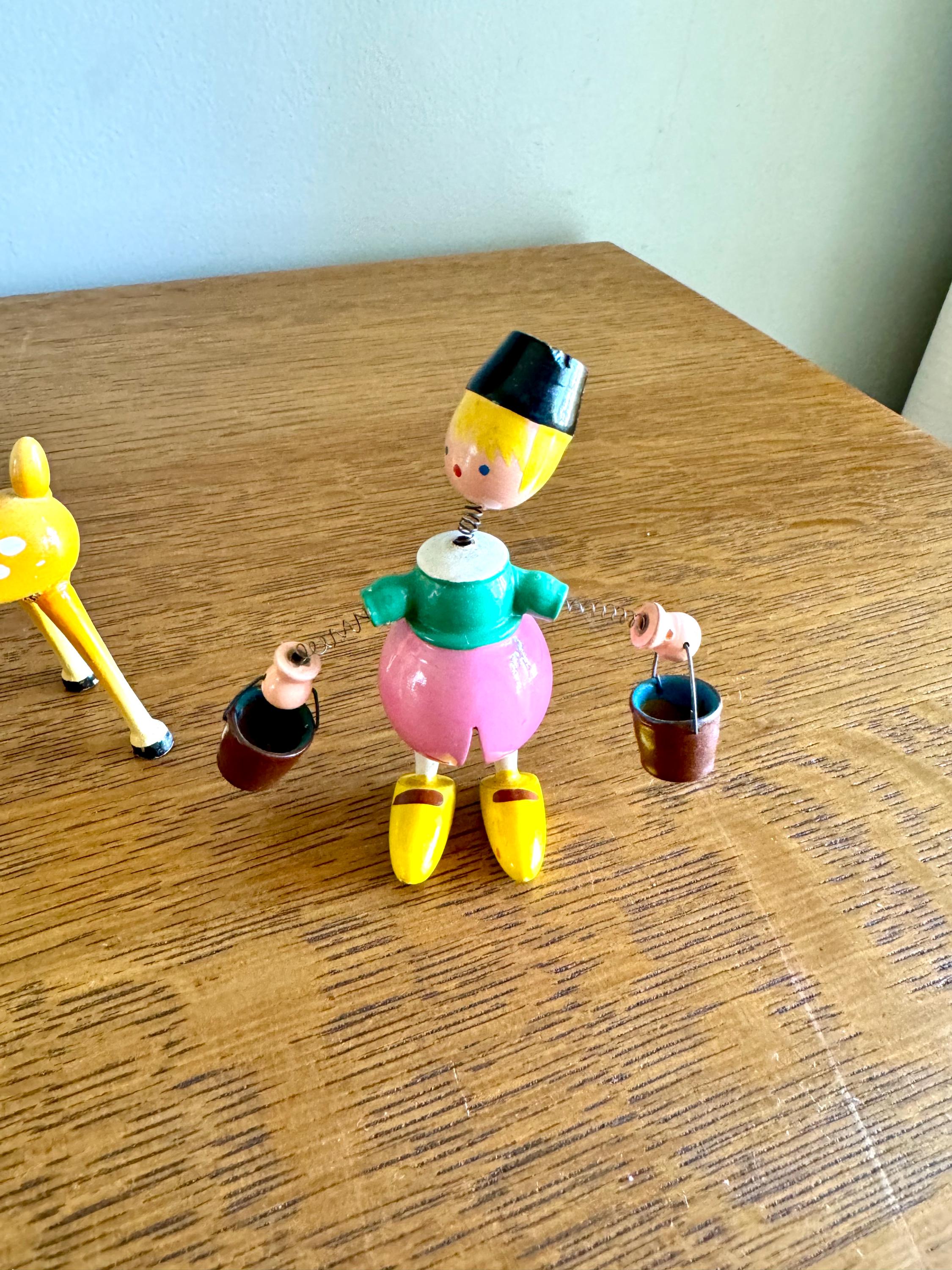 A Vintage Set of 3 Goula Spain Wood Whimsical Figurines | Spanish Wood Bobblehead Figurines | Hand Painted Wooden Figurines