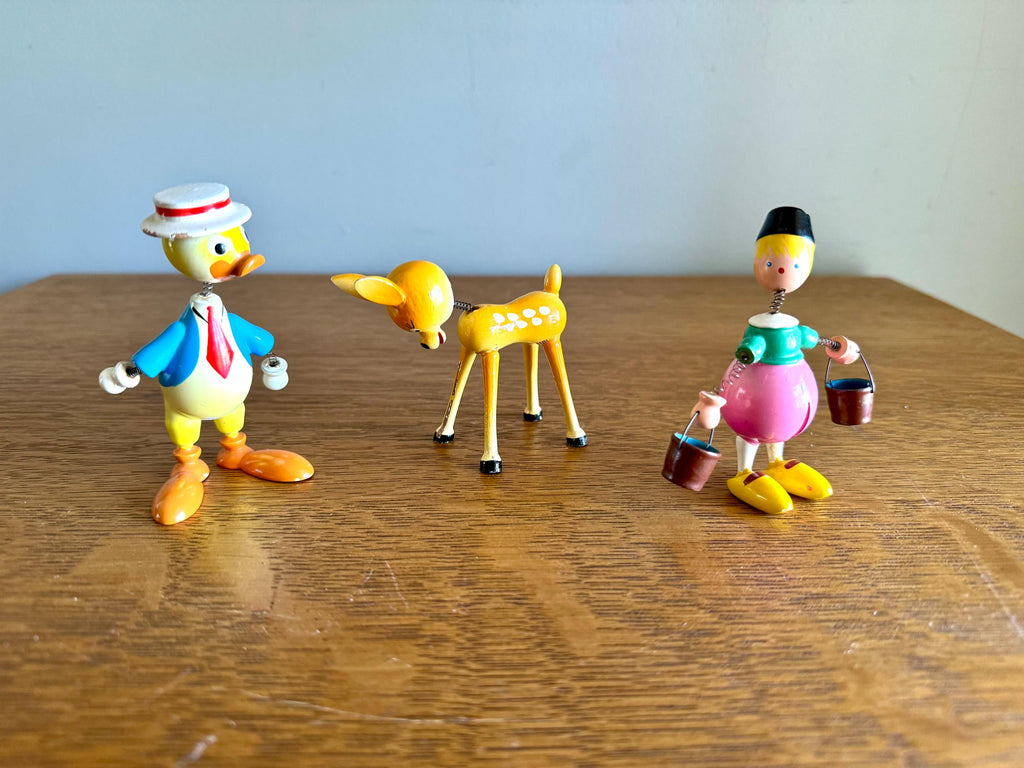 A Vintage Set of 3 Goula Spain Wood Whimsical Figurines | Spanish Wood Bobblehead Figurines | Hand Painted Wooden Figurines