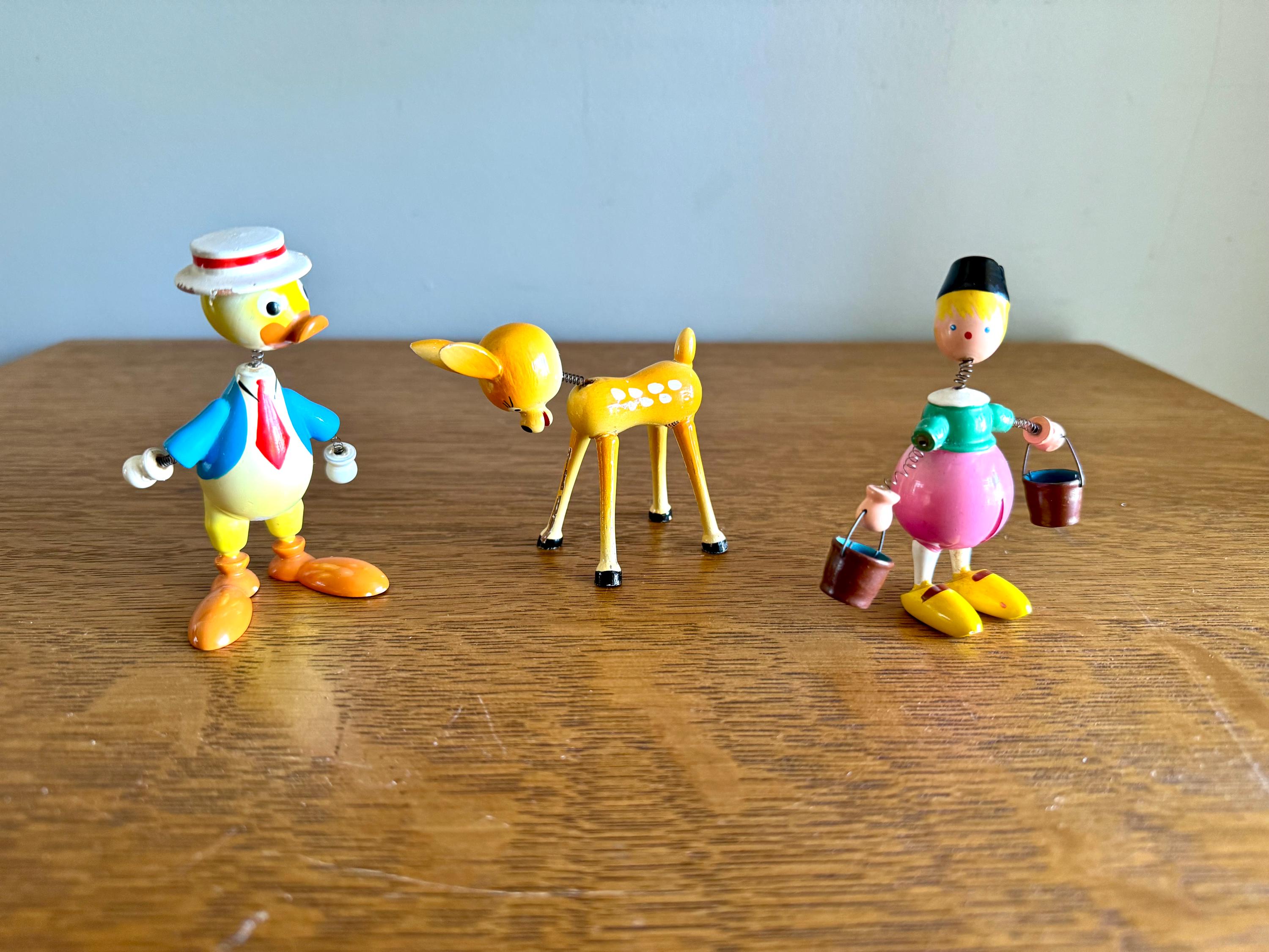 A Vintage Set of 3 Goula Spain Wood Whimsical Figurines | Spanish Wood Bobblehead Figurines | Hand Painted Wooden Figurines