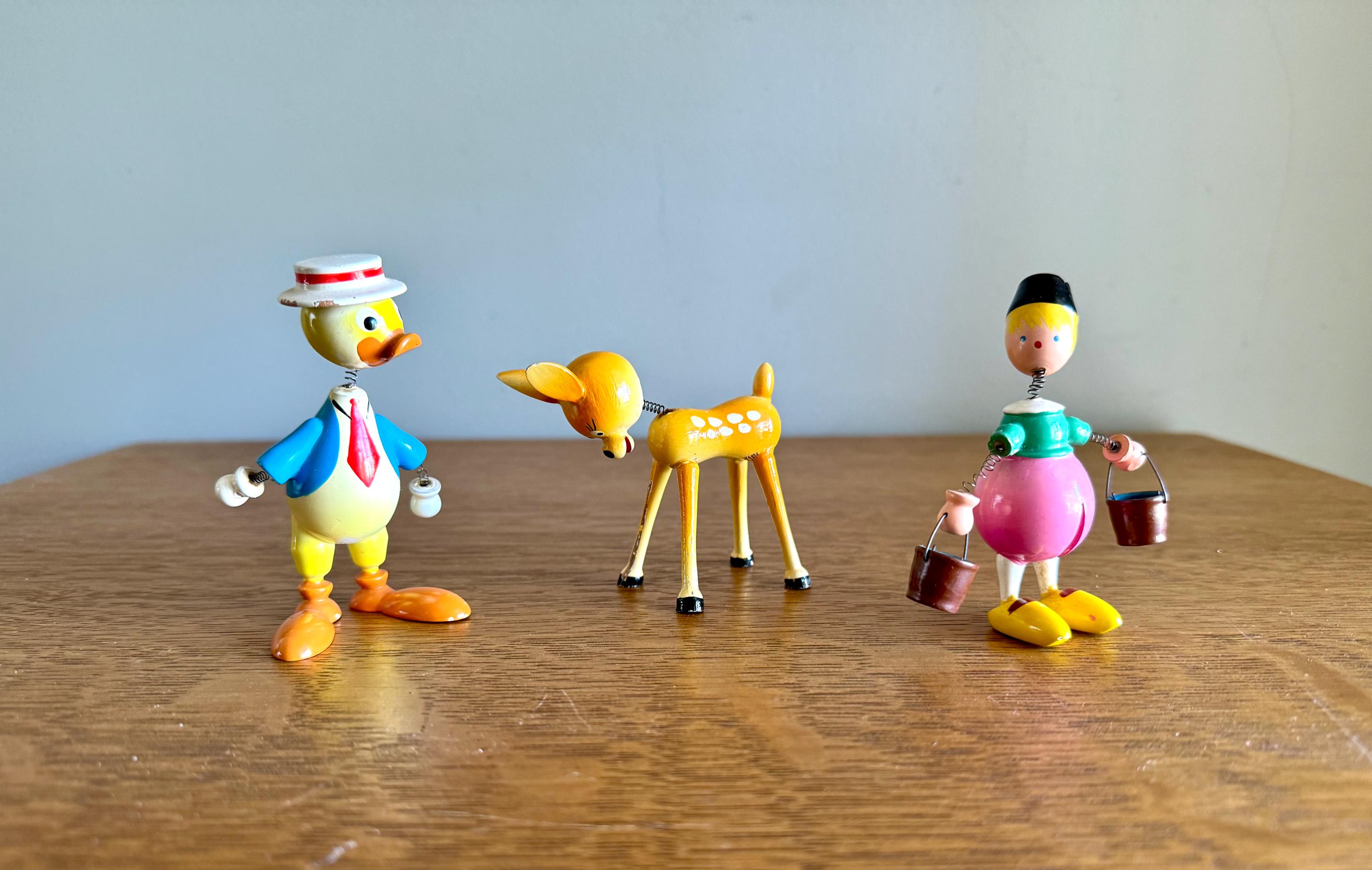 A Vintage Set of 3 Goula Spain Wood Whimsical Figurines | Spanish Wood Bobblehead Figurines | Hand Painted Wooden Figurines