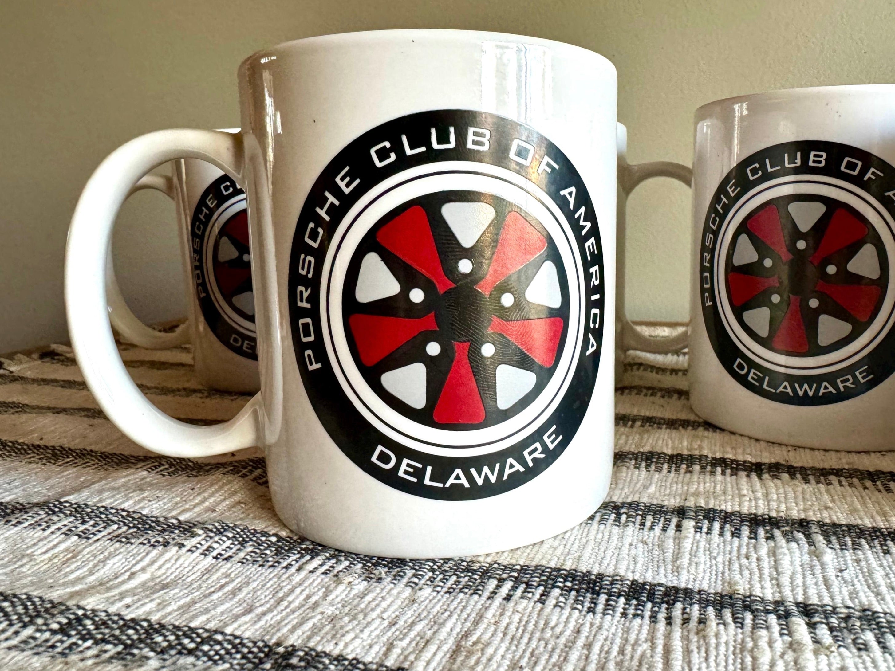 Set of 5 Porsche Club of America Coffee Cups | Vintage Porsche Club of America Delaware Coffee Mugs | Porsche Wheel Mugs | Car Decor