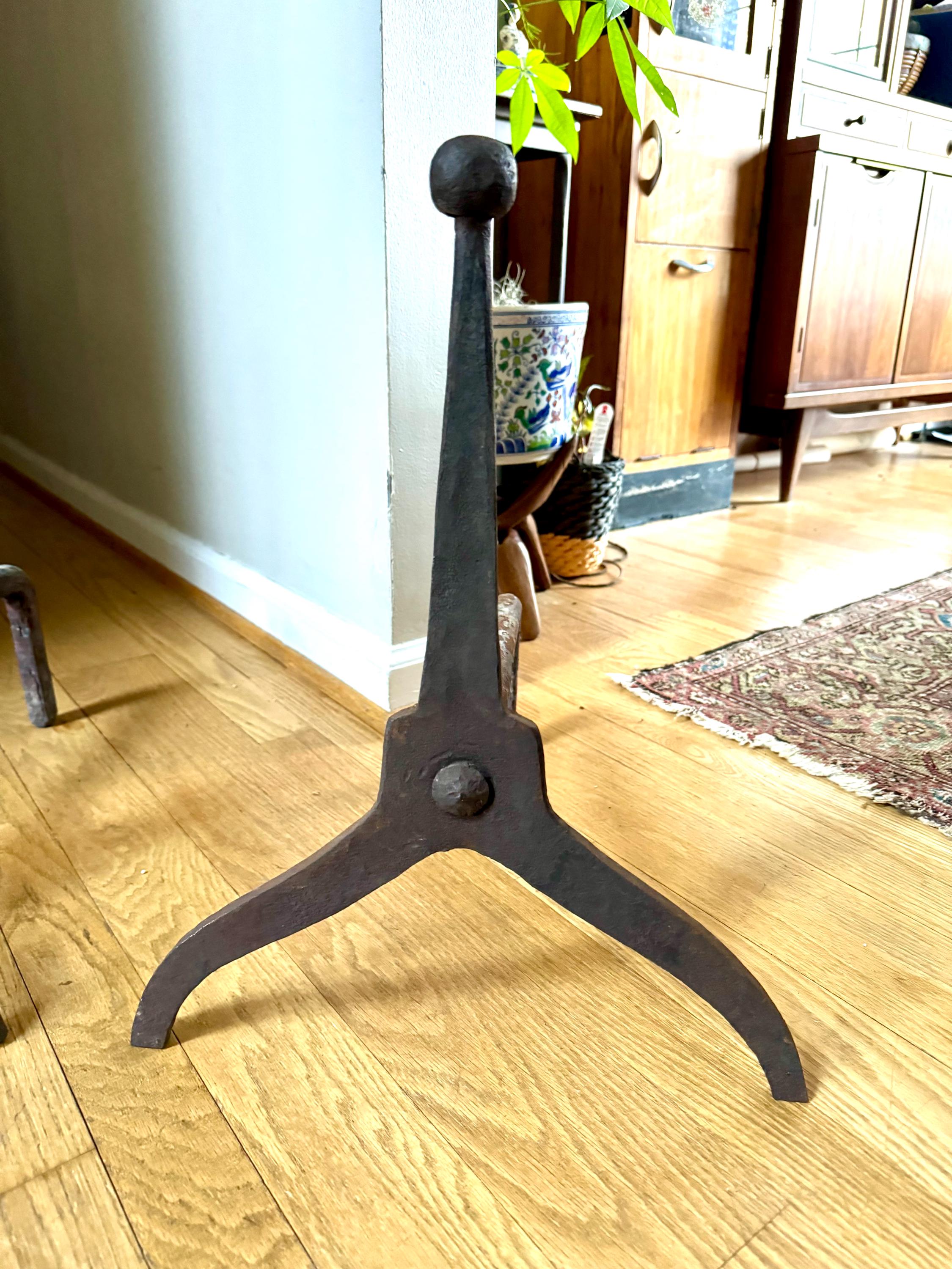 Antique Iron Primitive Andirons | Rustic Distressed Cast Iron Andirons | Pair Of Rustic Andirons | Cast Iron Firedogs| Rustic Early Andirons