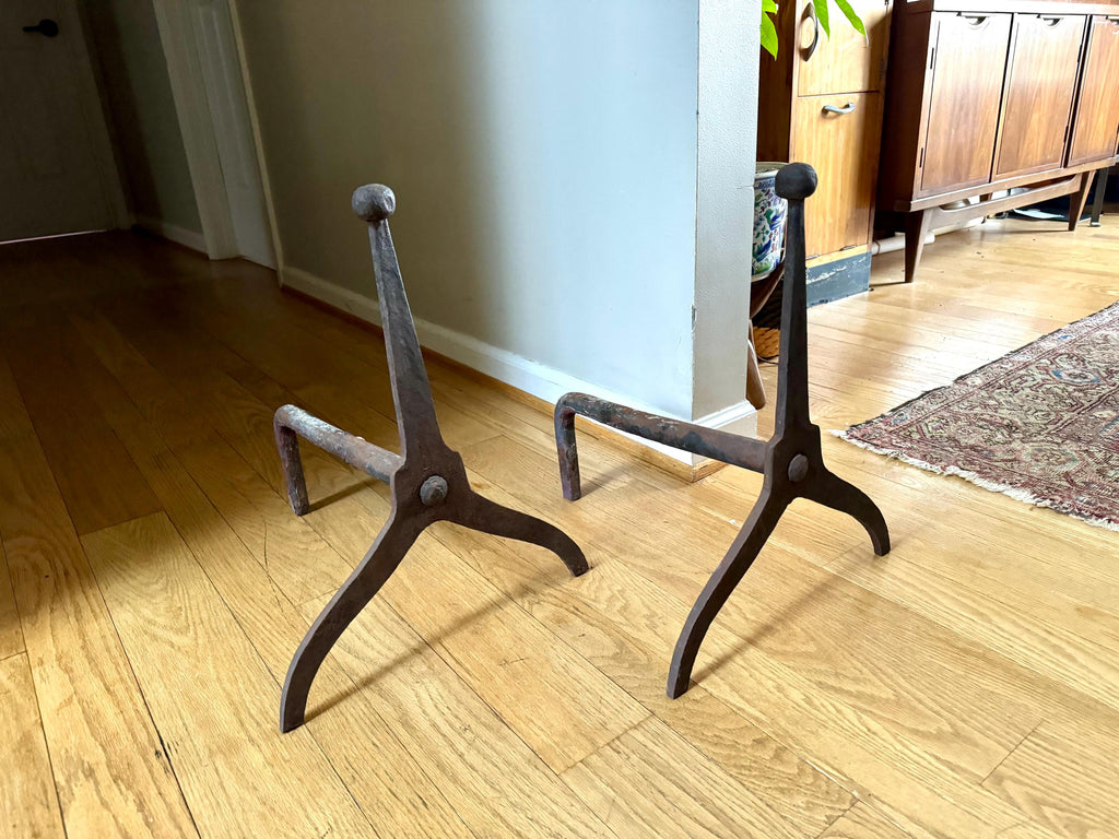 Antique Iron Primitive Andirons | Rustic Distressed Cast Iron Andirons | Pair Of Rustic Andirons | Cast Iron Firedogs| Rustic Early Andirons