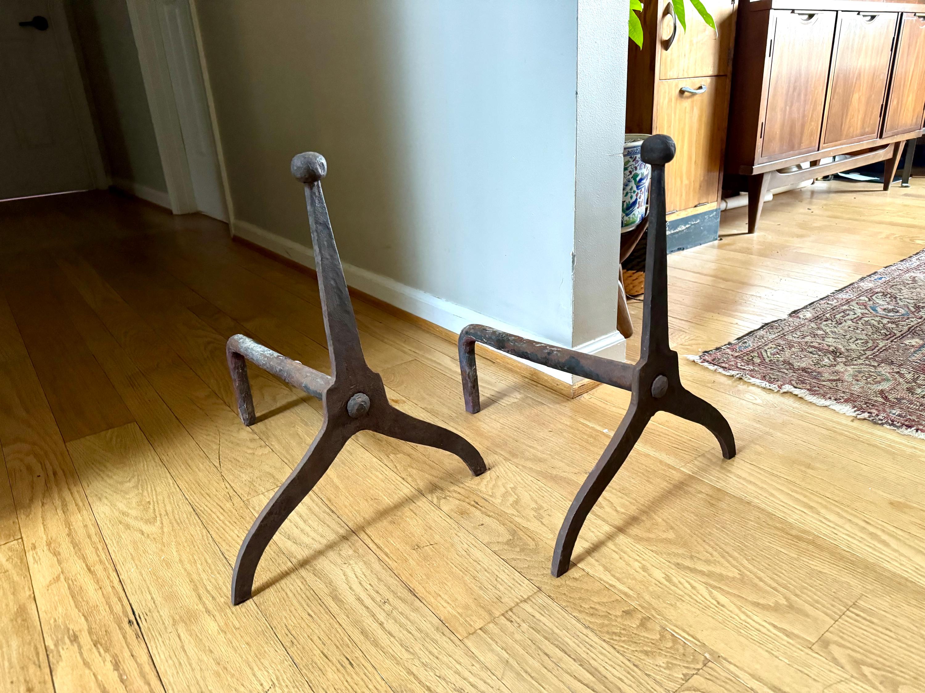Antique Iron Primitive Andirons | Rustic Distressed Cast Iron Andirons | Pair Of Rustic Andirons | Cast Iron Firedogs| Rustic Early Andirons