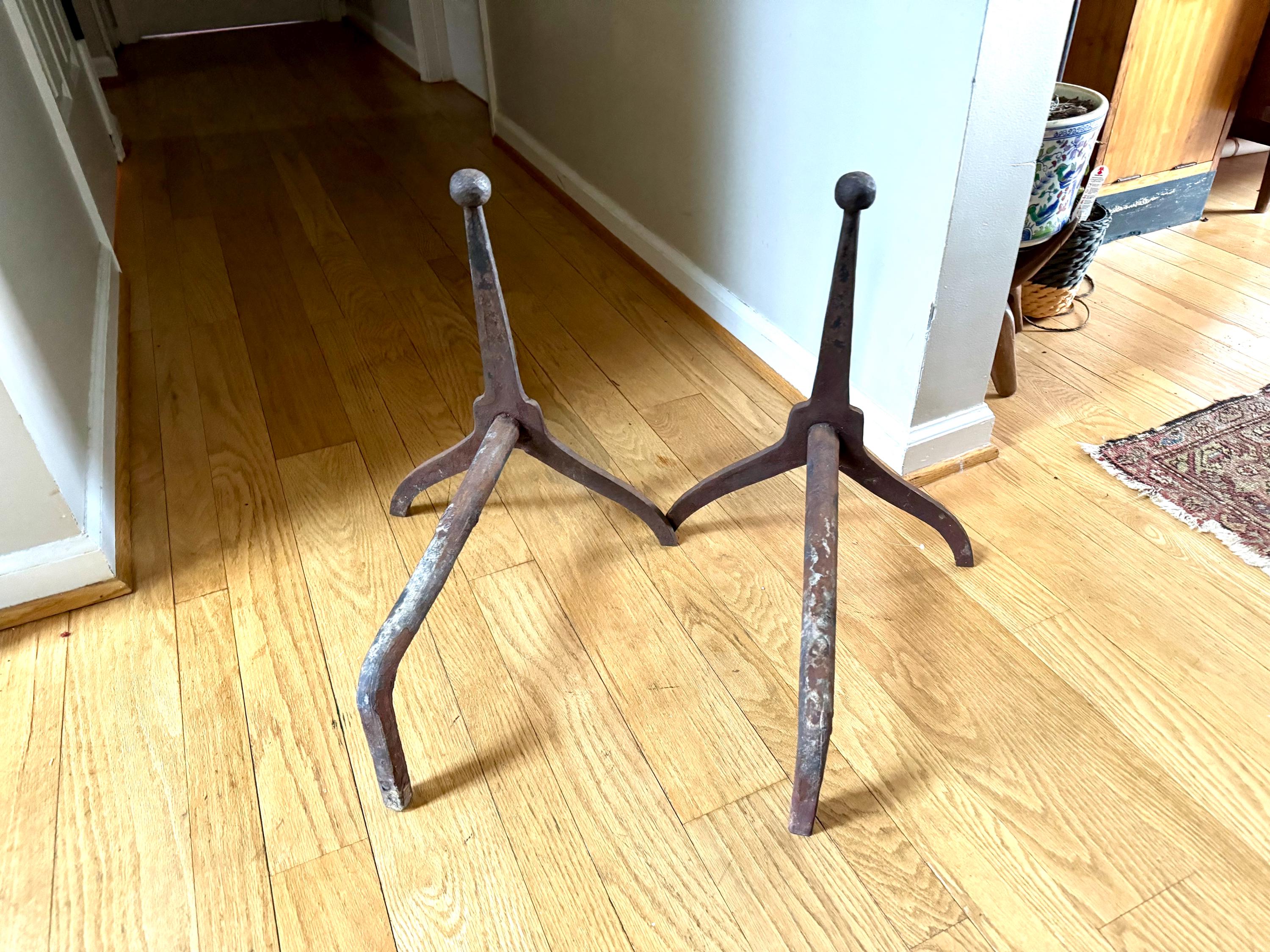 Antique Iron Primitive Andirons | Rustic Distressed Cast Iron Andirons | Pair Of Rustic Andirons | Cast Iron Firedogs| Rustic Early Andirons