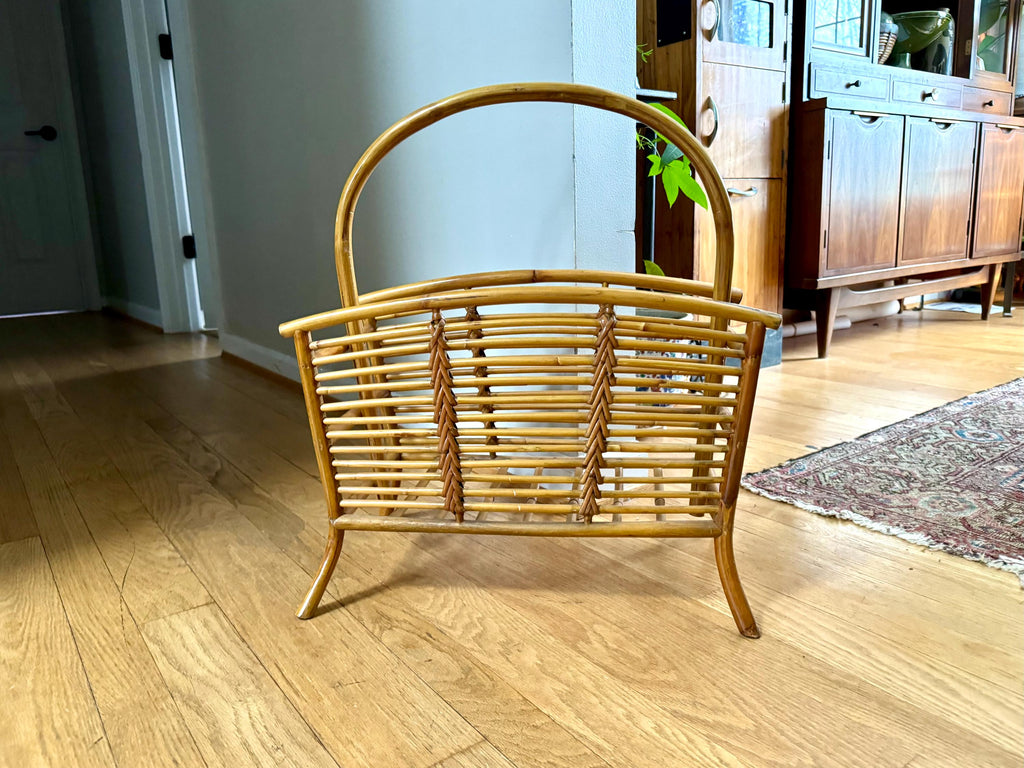 Vintage Franco Albini Style Bamboo Magazine Rack | Rattan and Bamboo Magazine Holder | Boho Magazine Stand