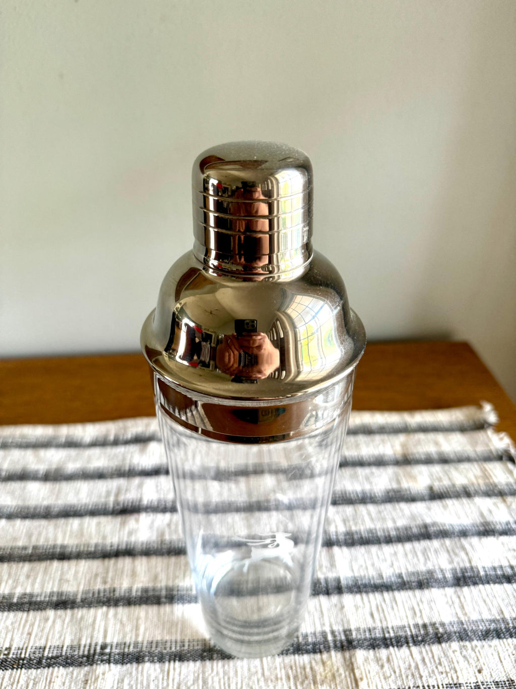 Vtg MCM Gorham Glass Cocktail Shaker | MCM Glass and Chrome Shaker | Gorham Glass Barware | Etched Reindeer Martini Shaker