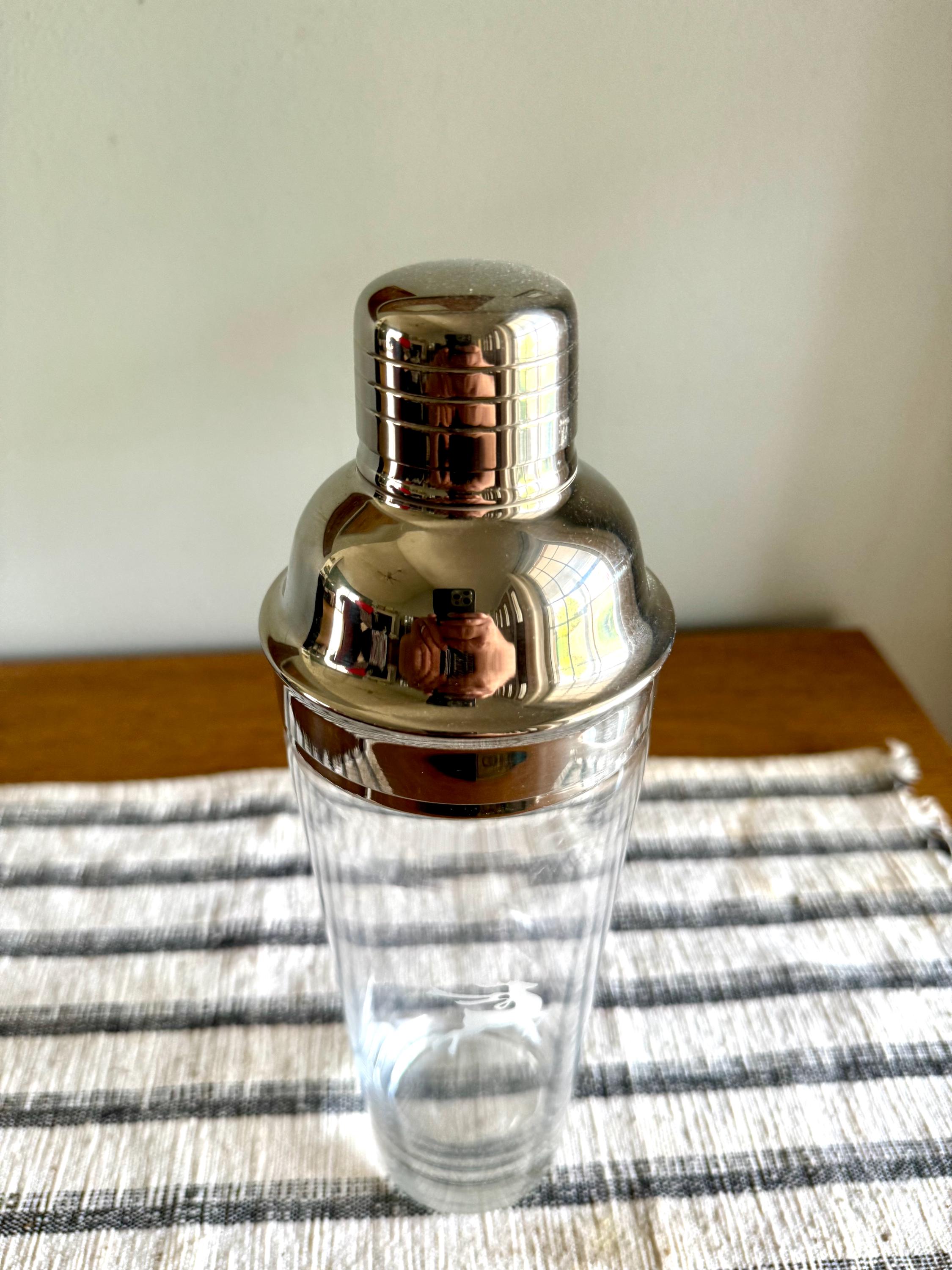 Vtg MCM Gorham Glass Cocktail Shaker | MCM Glass and Chrome Shaker | Gorham Glass Barware | Etched Reindeer Martini Shaker
