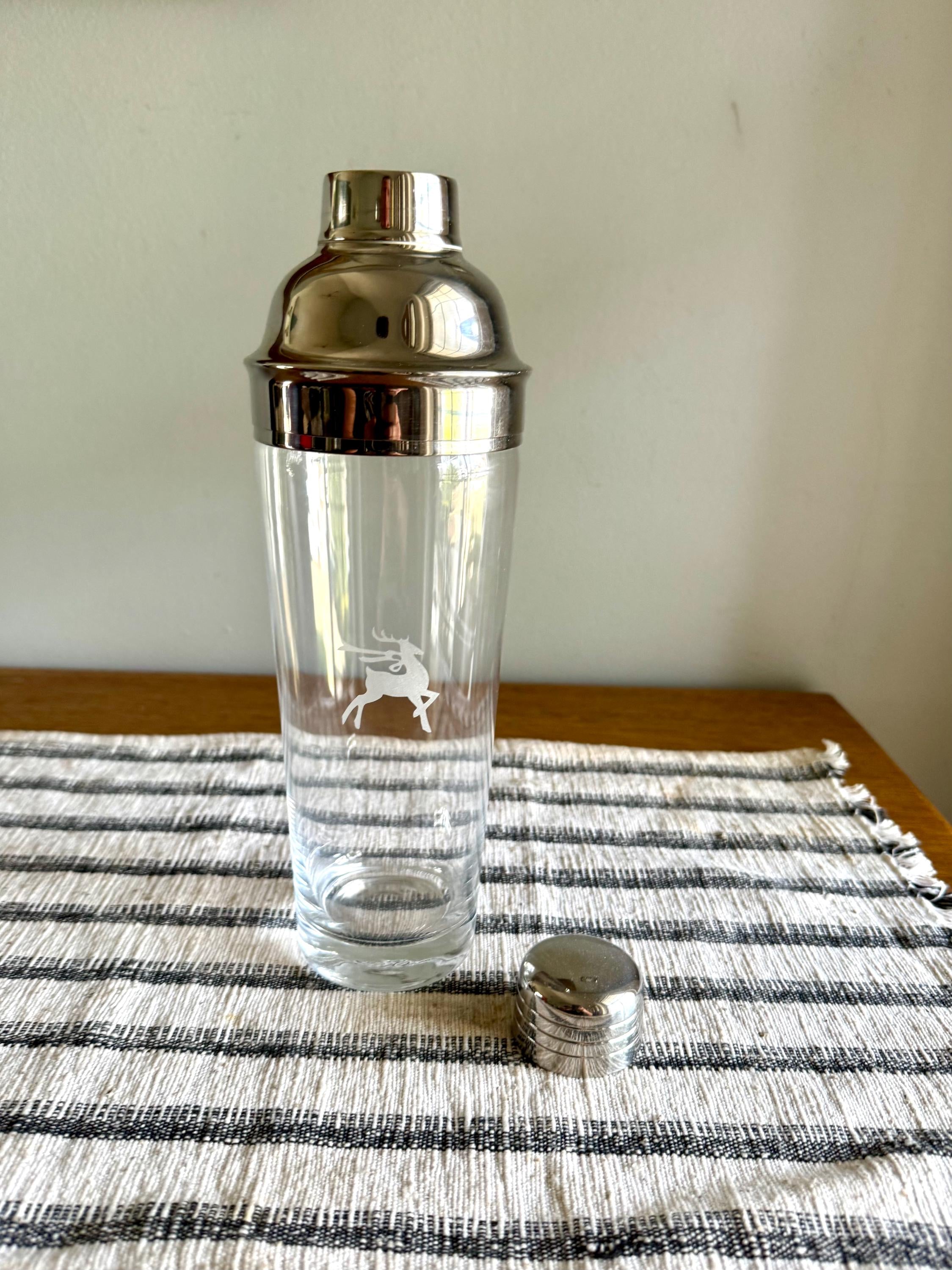 Vtg MCM Gorham Glass Cocktail Shaker | MCM Glass and Chrome Shaker | Gorham Glass Barware | Etched Reindeer Martini Shaker