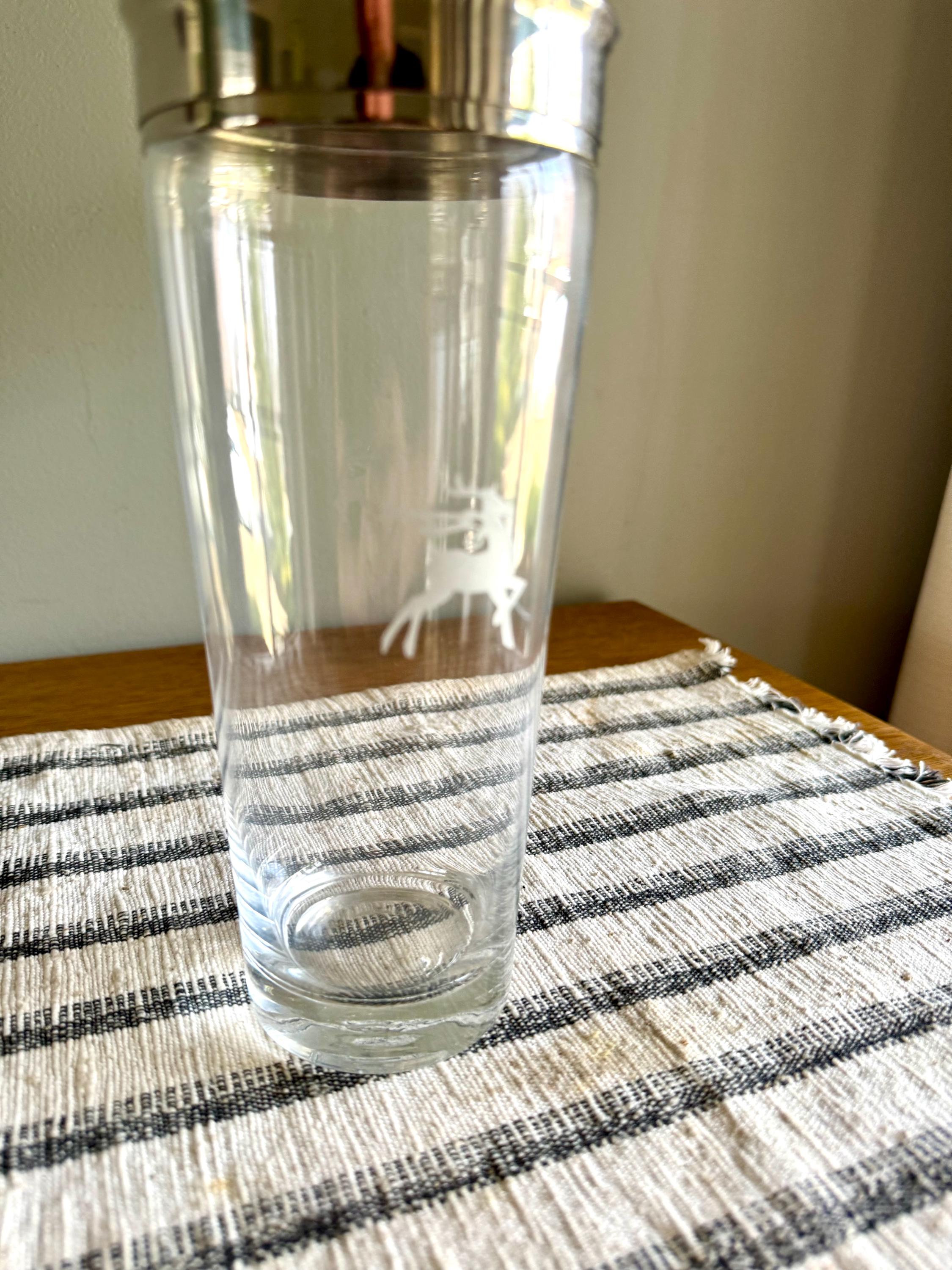 Vtg MCM Gorham Glass Cocktail Shaker | MCM Glass and Chrome Shaker | Gorham Glass Barware | Etched Reindeer Martini Shaker