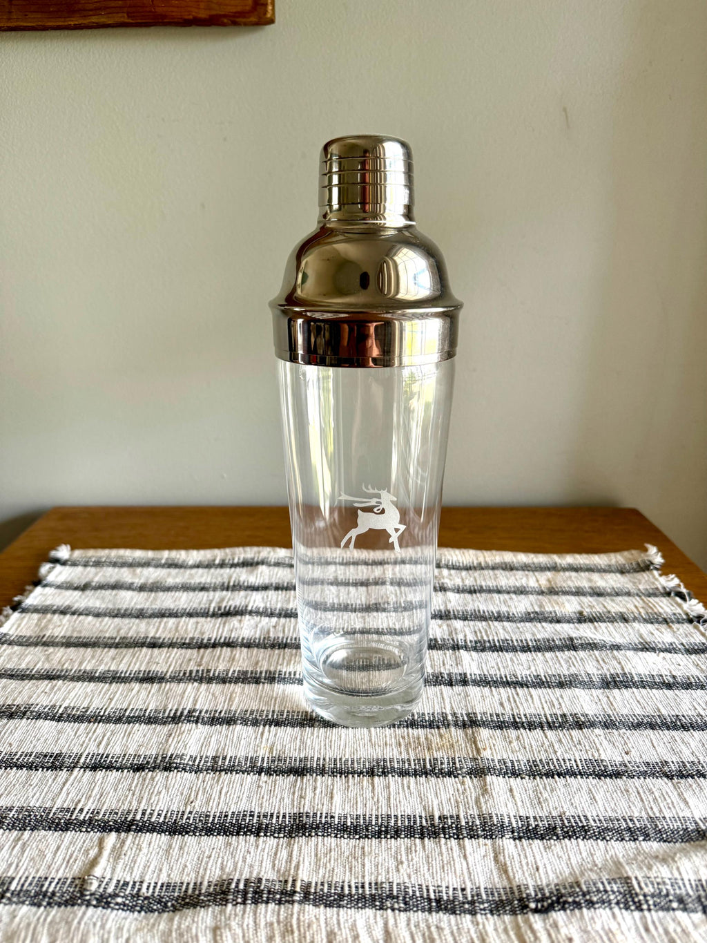 Vtg MCM Gorham Glass Cocktail Shaker | MCM Glass and Chrome Shaker | Gorham Glass Barware | Etched Reindeer Martini Shaker