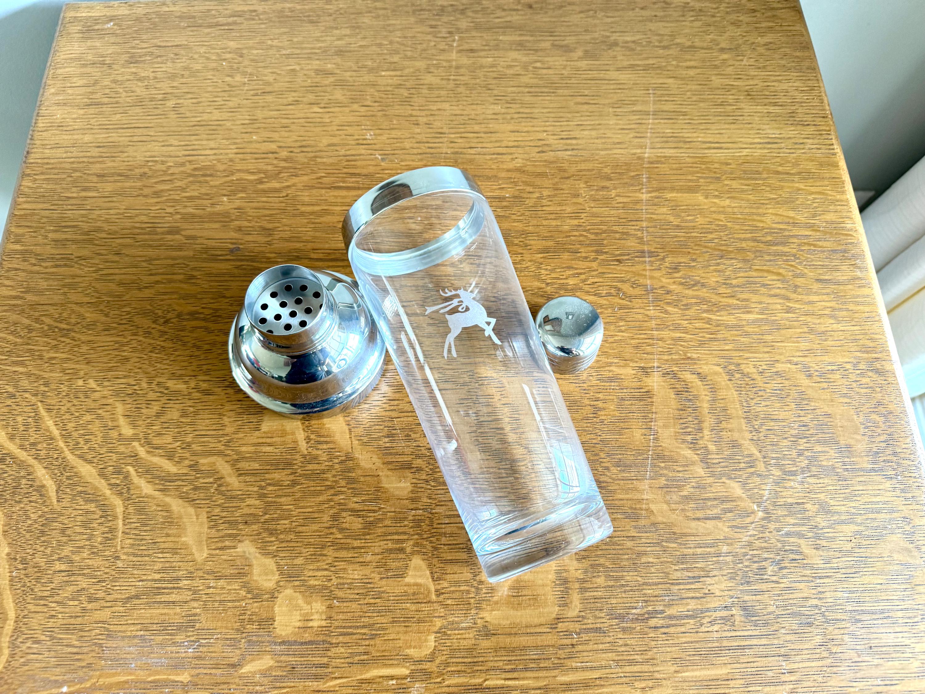 Vtg MCM Gorham Glass Cocktail Shaker | MCM Glass and Chrome Shaker | Gorham Glass Barware | Etched Reindeer Martini Shaker