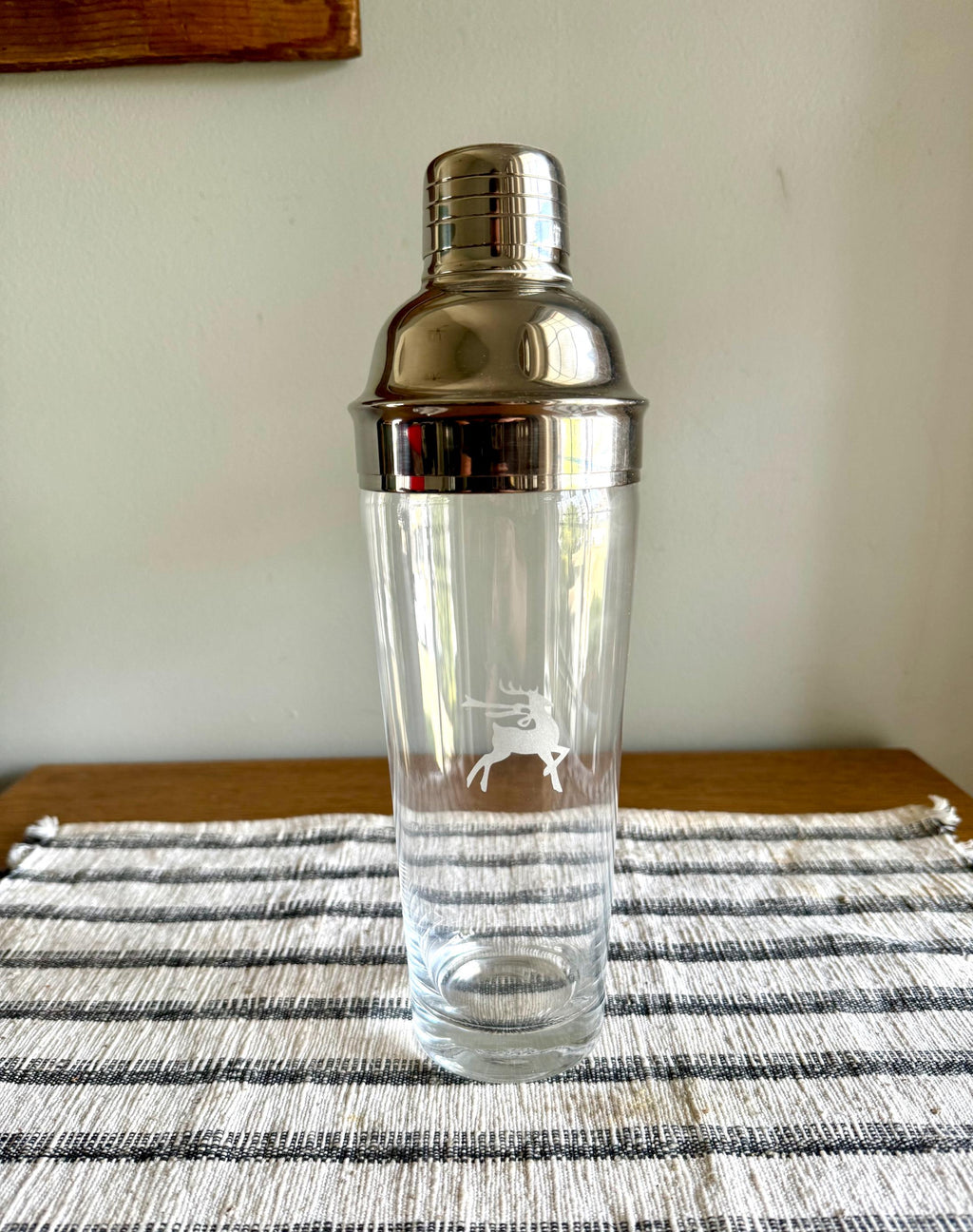 Vtg MCM Gorham Glass Cocktail Shaker | MCM Glass and Chrome Shaker | Gorham Glass Barware | Etched Reindeer Martini Shaker