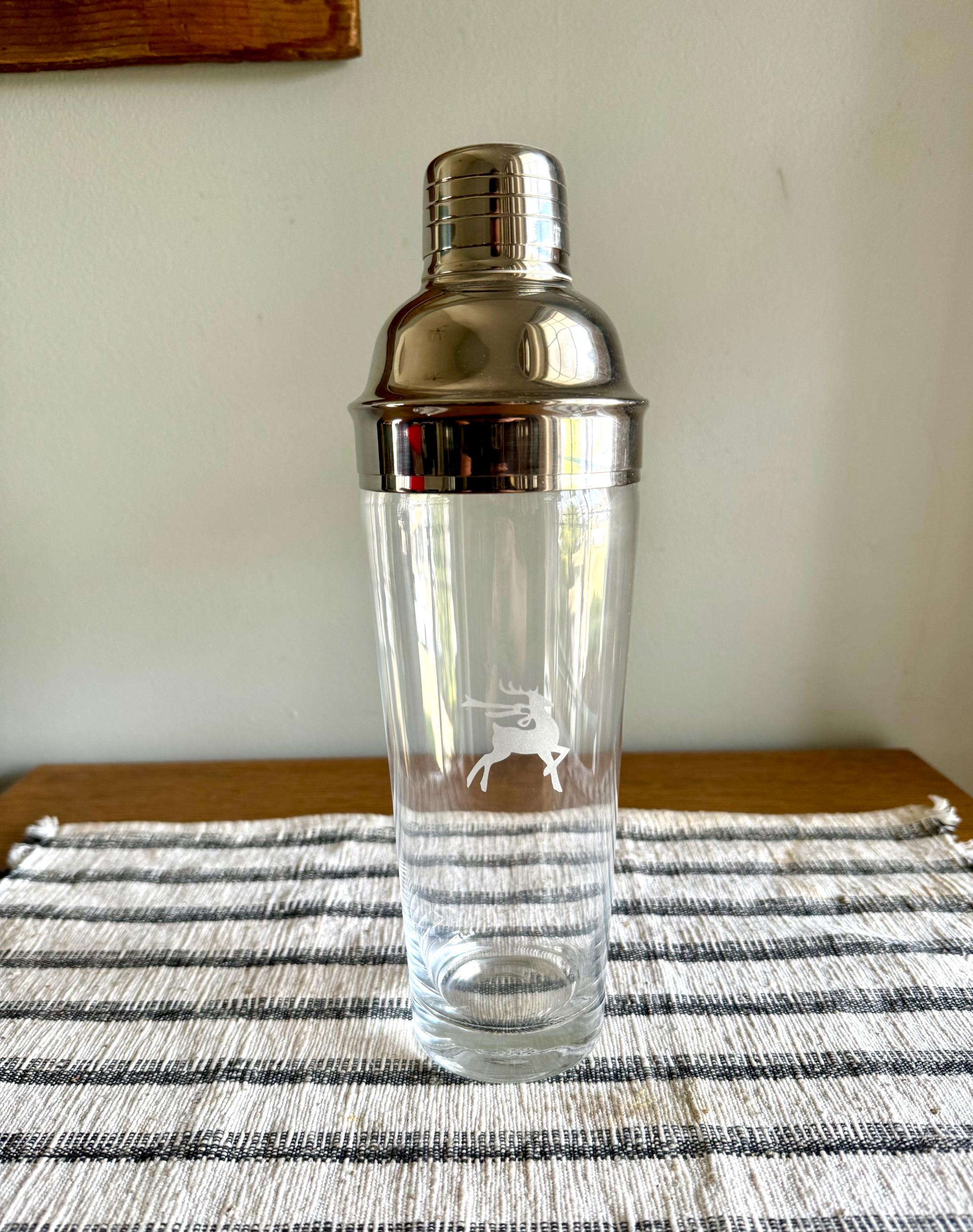 Vtg MCM Gorham Glass Cocktail Shaker | MCM Glass and Chrome Shaker | Gorham Glass Barware | Etched Reindeer Martini Shaker