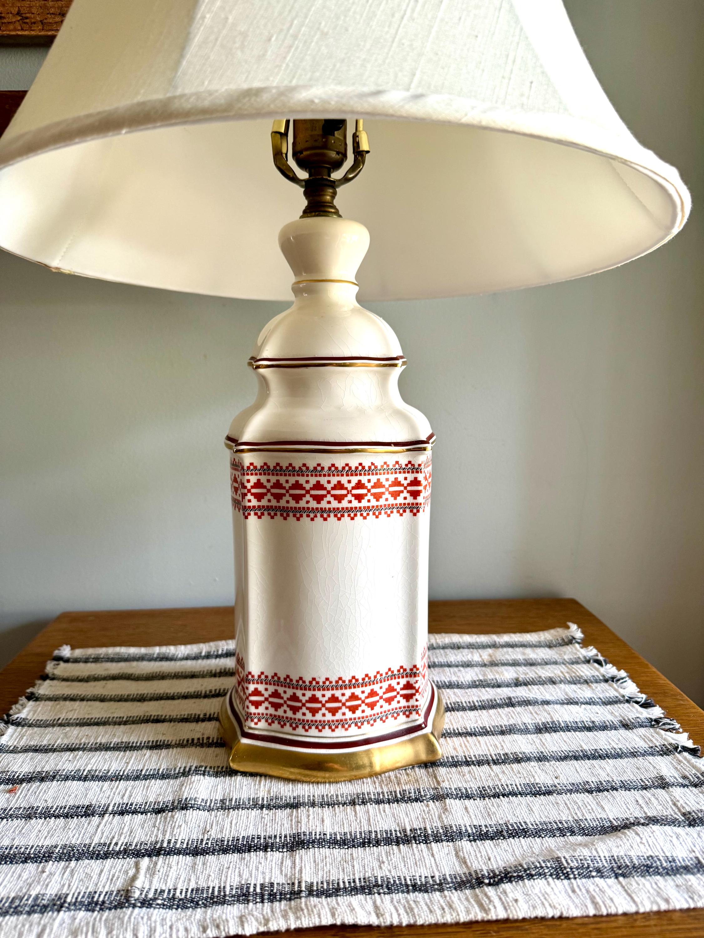 Vtg Mid Century Ceramic Red Embroidered Pattern Gilded Lamp| Elegant Table Lamp| Red Embroidered Pattern Table Lamp (Shade Not Included)