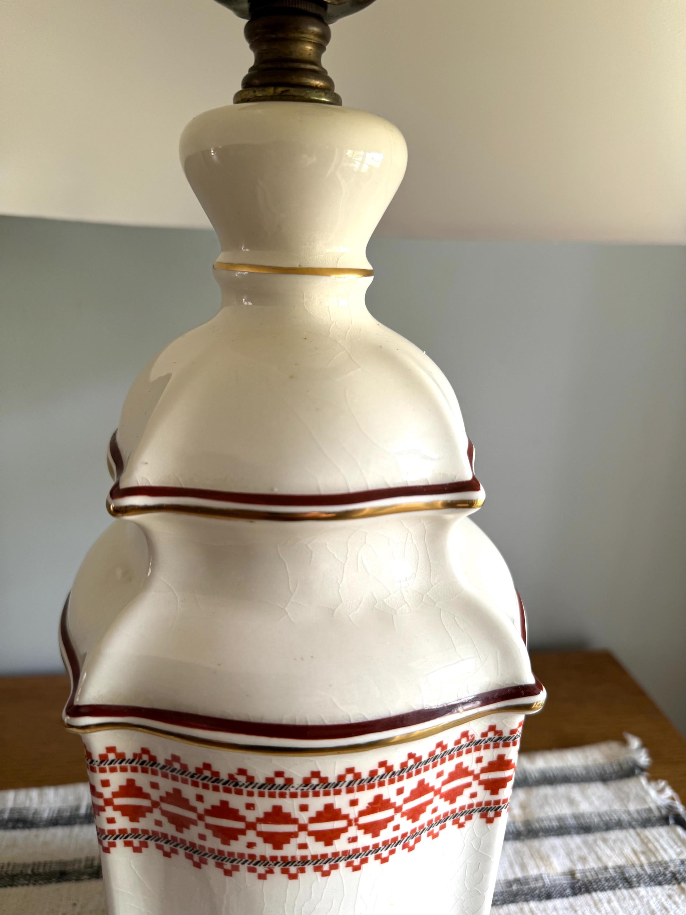 Vtg Mid Century Ceramic Red Embroidered Pattern Gilded Lamp| Elegant Table Lamp| Red Embroidered Pattern Table Lamp (Shade Not Included)