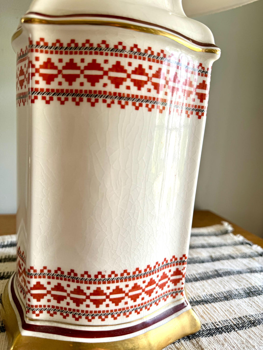 Vtg Mid Century Ceramic Red Embroidered Pattern Gilded Lamp| Elegant Table Lamp| Red Embroidered Pattern Table Lamp (Shade Not Included)