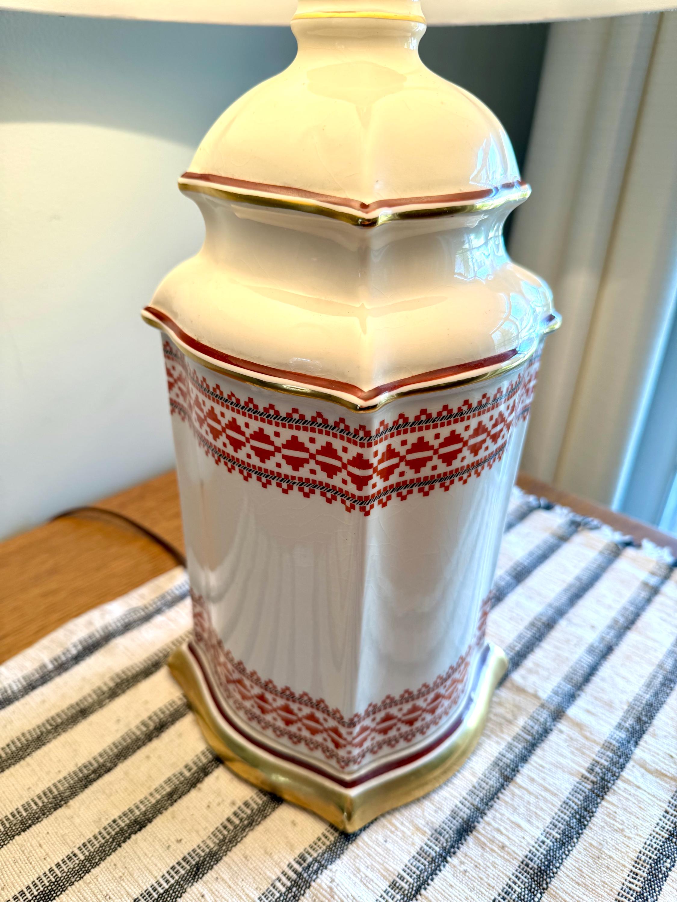 Vtg Mid Century Ceramic Red Embroidered Pattern Gilded Lamp| Elegant Table Lamp| Red Embroidered Pattern Table Lamp (Shade Not Included)