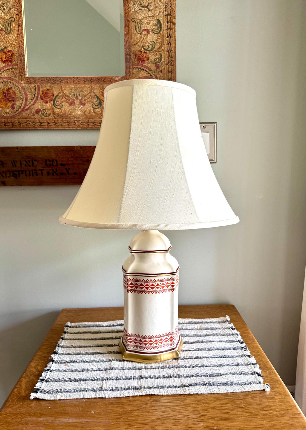Vtg Mid Century Ceramic Red Embroidered Pattern Gilded Lamp| Elegant Table Lamp| Red Embroidered Pattern Table Lamp (Shade Not Included)
