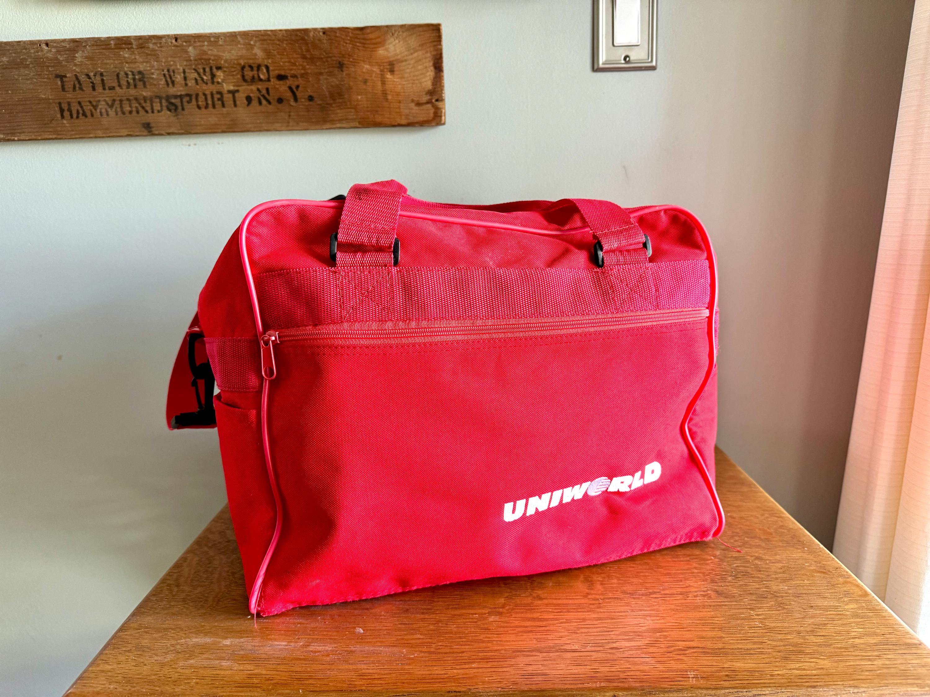 Vtg Uniworld Red Shoulder Bag  | Red Vinyl Canvas Carry On Bag | Red Handbag Duffle Bag | Red Uniworld Bag | 80's Weekender Bag