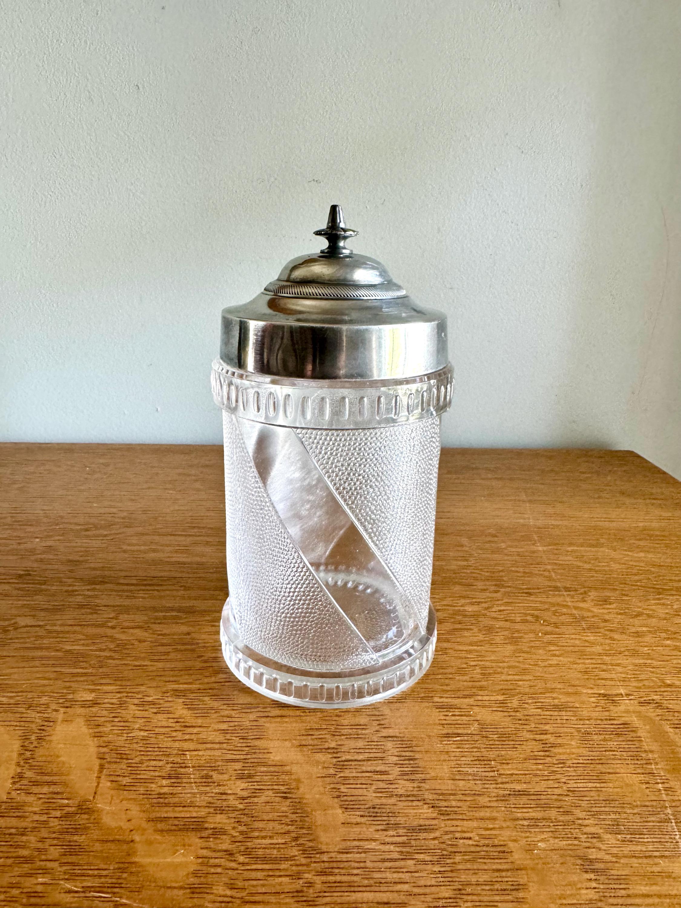 Vtg Glass and Silver Canister | Barber Design Glass Jar | Textured Glass Canister Jar | Ornate Glass Pickle Jar | Star Bottom Glass Jar