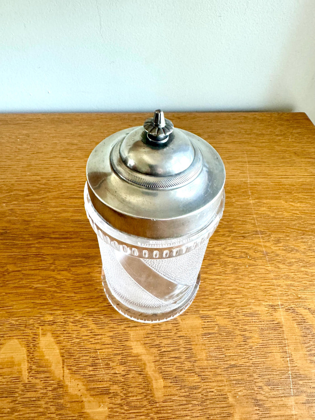 Vtg Glass and Silver Canister | Barber Design Glass Jar | Textured Glass Canister Jar | Ornate Glass Pickle Jar | Star Bottom Glass Jar