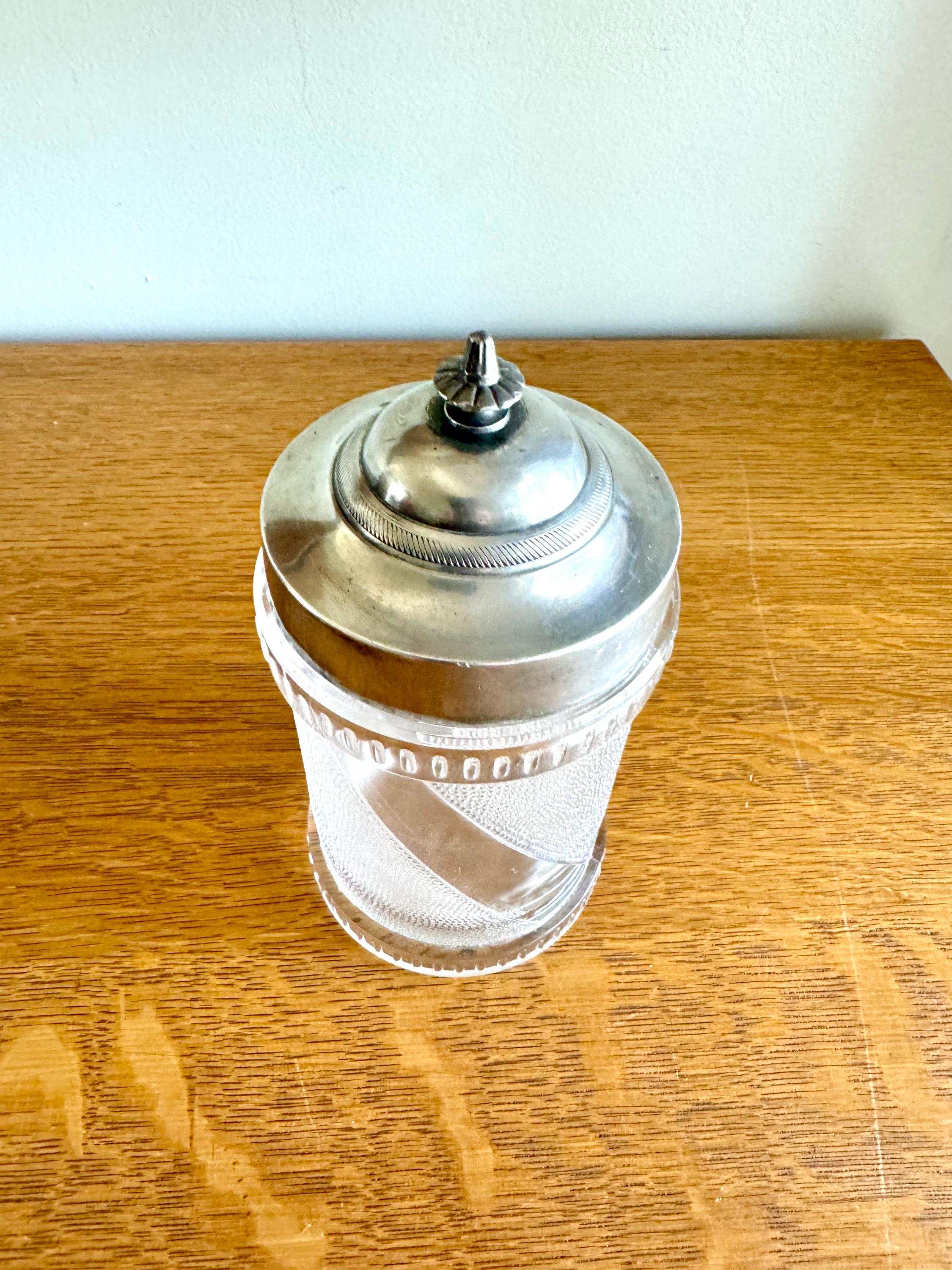Vtg Glass and Silver Canister | Barber Design Glass Jar | Textured Glass Canister Jar | Ornate Glass Pickle Jar | Star Bottom Glass Jar