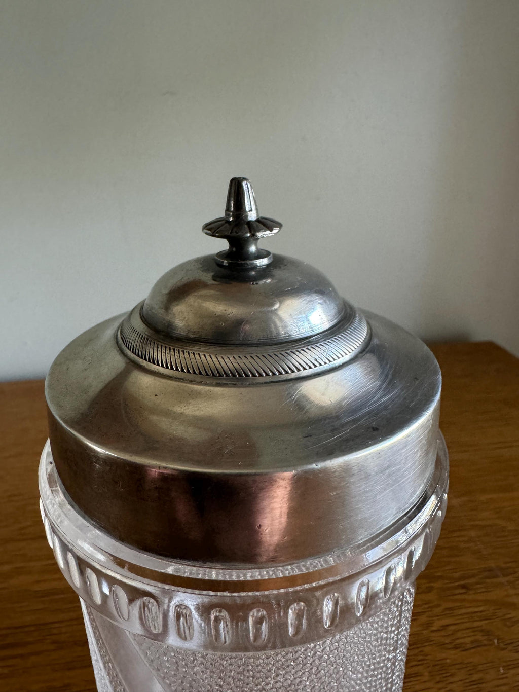 Vtg Glass and Silver Canister | Barber Design Glass Jar | Textured Glass Canister Jar | Ornate Glass Pickle Jar | Star Bottom Glass Jar