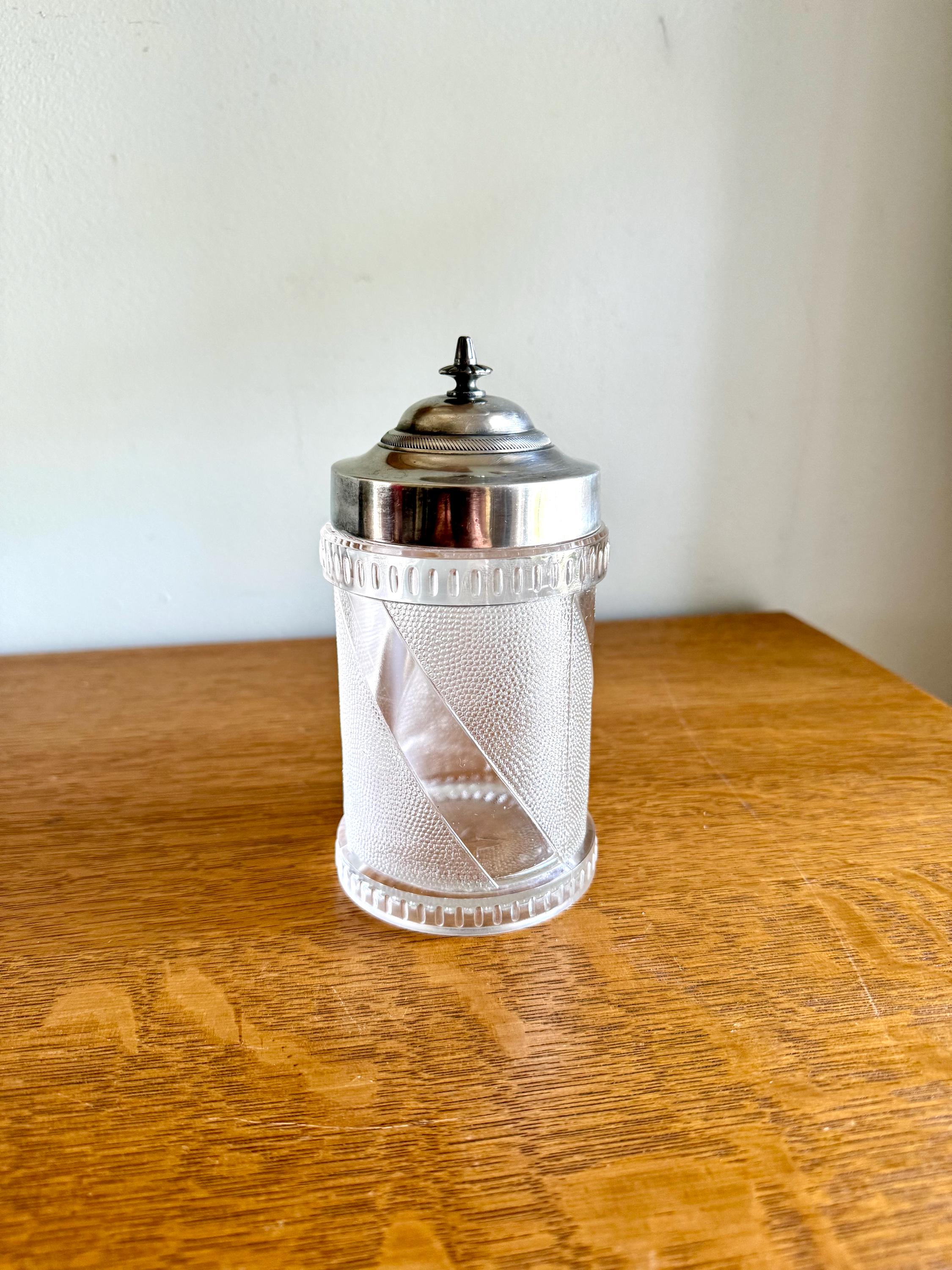 Vtg Glass and Silver Canister | Barber Design Glass Jar | Textured Glass Canister Jar | Ornate Glass Pickle Jar | Star Bottom Glass Jar