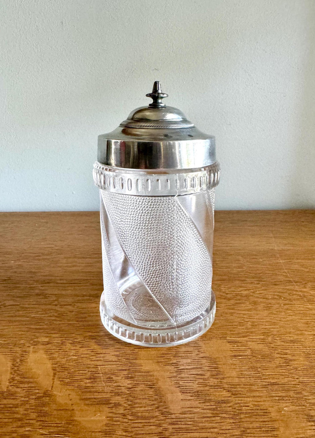 Vtg Glass and Silver Canister | Barber Design Glass Jar | Textured Glass Canister Jar | Ornate Glass Pickle Jar | Star Bottom Glass Jar