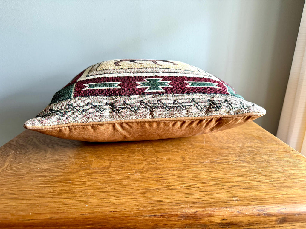 Vtg Dick Idol Furniture Designer Style Woven Deer Tapestry Pillow | Dick Idol Style Tapestry Pillow | Leather and Tapestry Cabin Pillow
