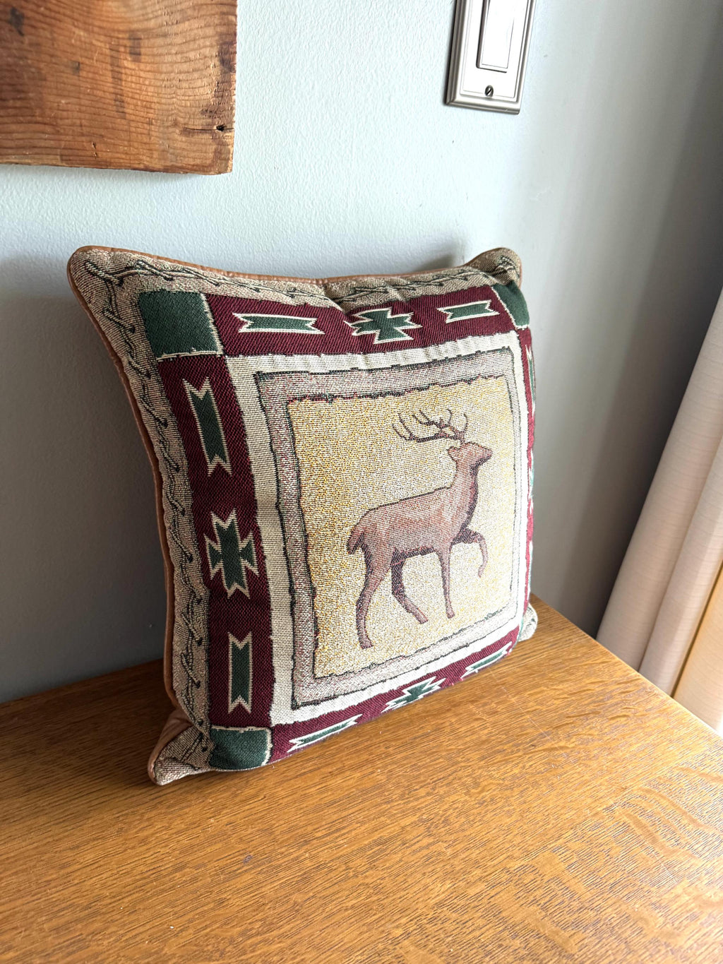 Vtg Dick Idol Furniture Designer Style Woven Deer Tapestry Pillow | Dick Idol Style Tapestry Pillow | Leather and Tapestry Cabin Pillow